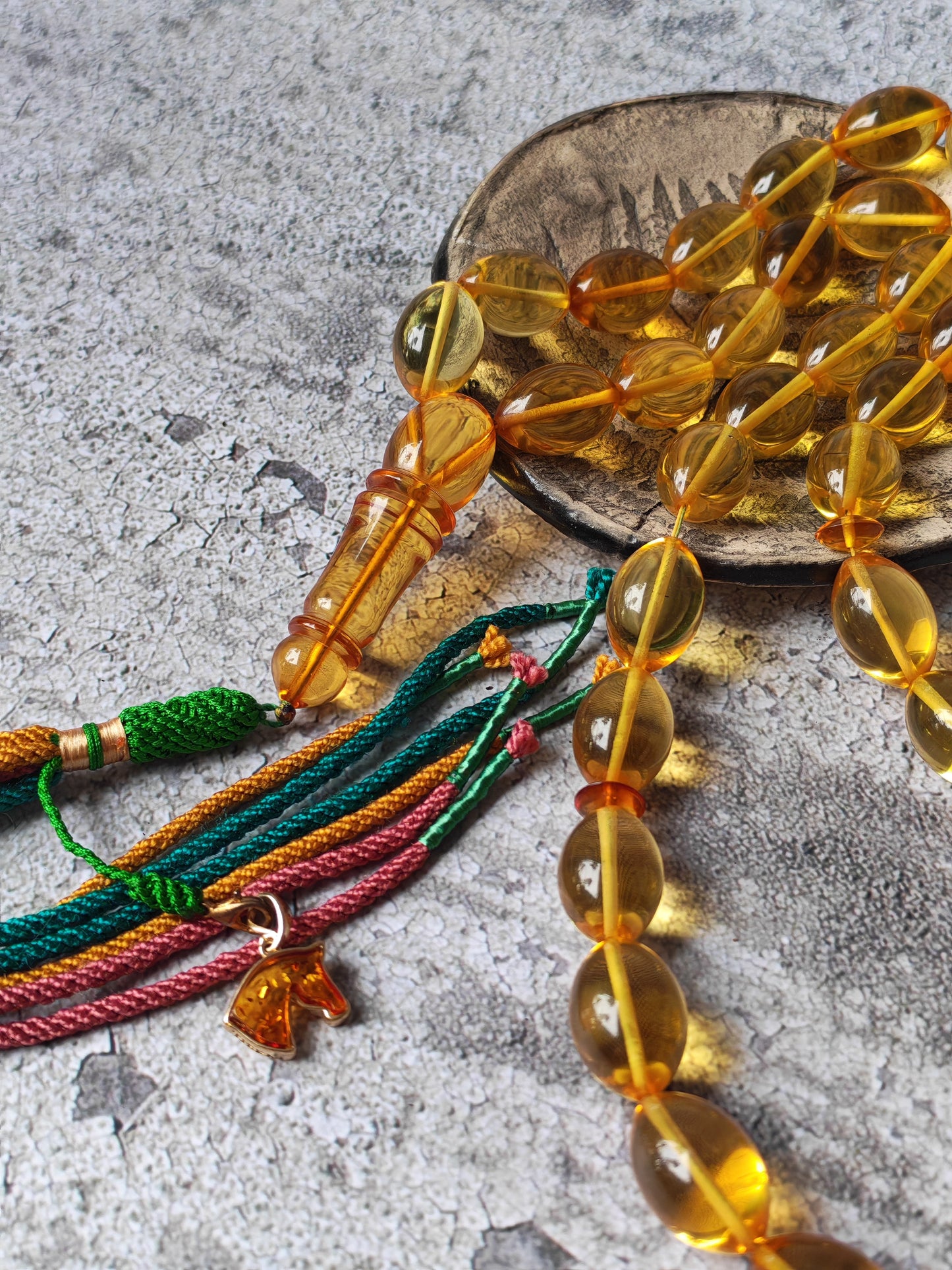 Large Natural Baltic Amber Rosary – 33 Olive Shape Beads | Transparent Citron Color