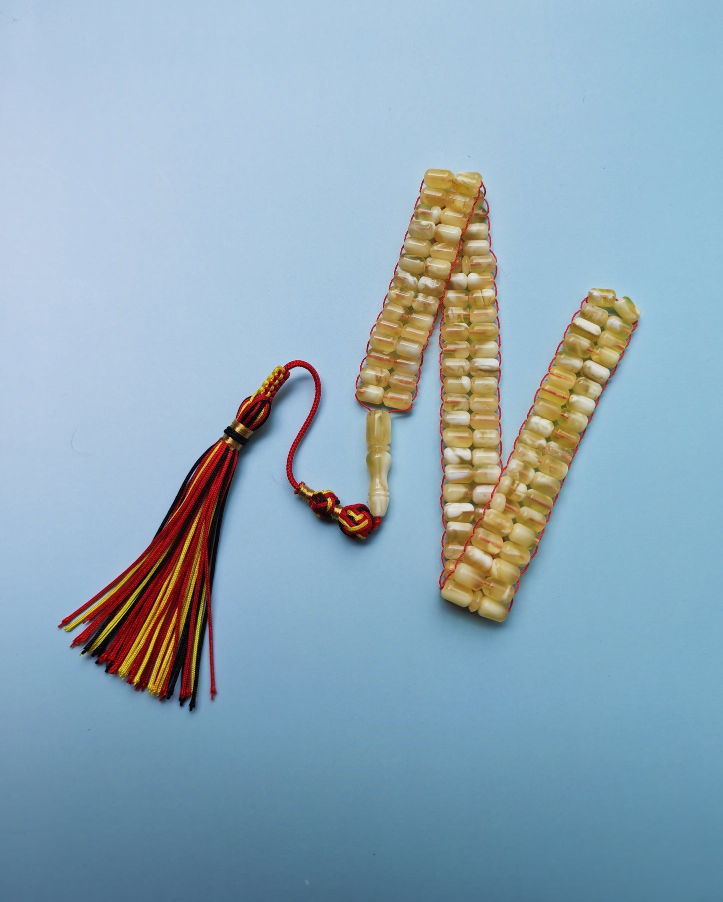Micro Mosaic Baltic Amber Rosary – 114 Barrel Beads | Unique Flat Design