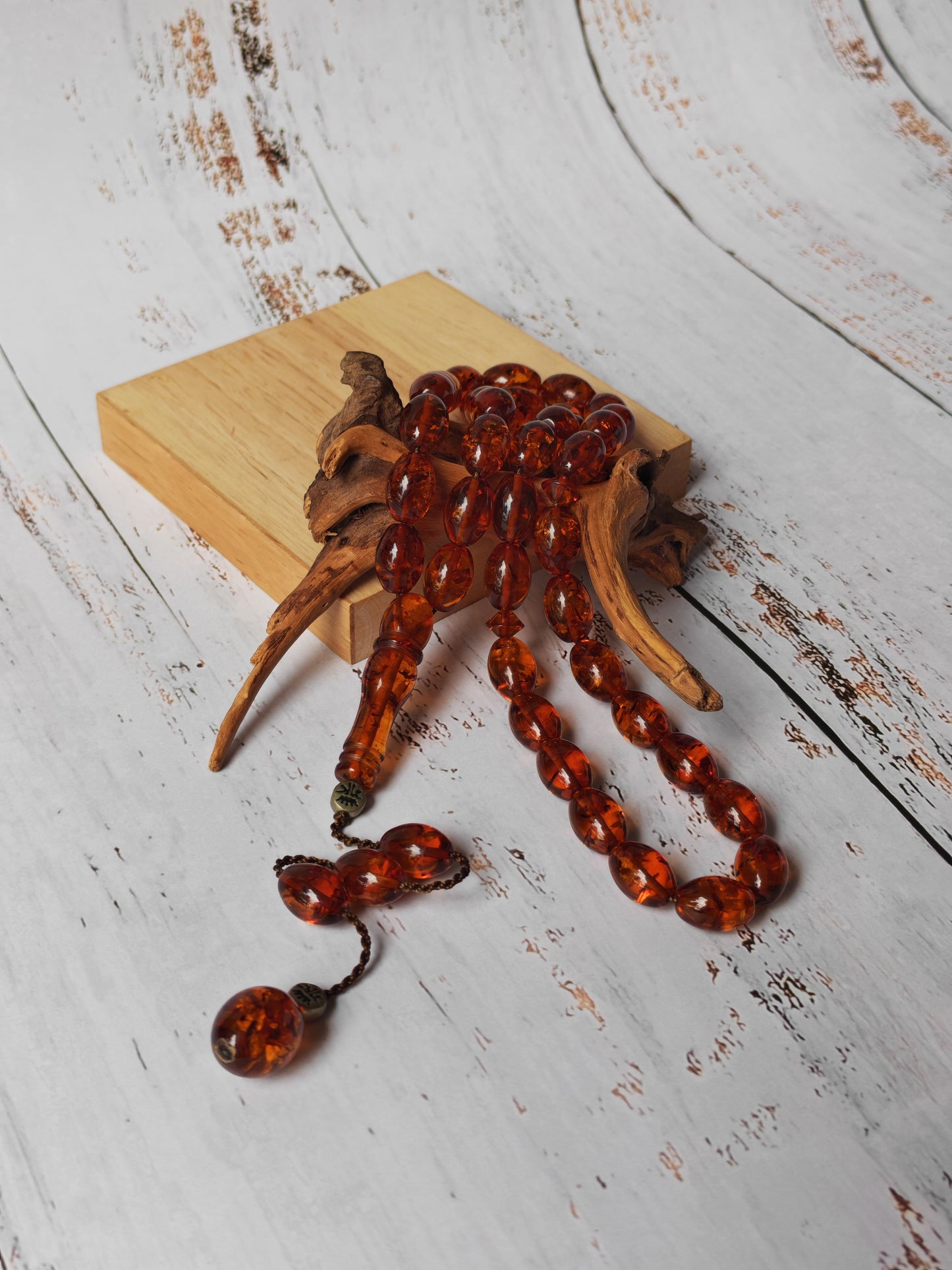 Vintage Melted Russian Amber Misbah | 39 Olive Beads | Cognac Tone
