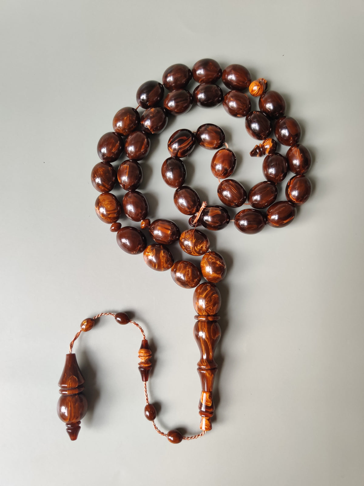Rare American Bakelite Tasbih | 37 Pigeon Egg Beads | Chocolate Brown With Light Veins