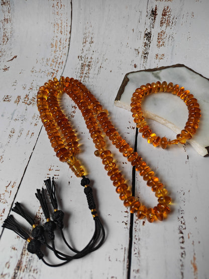Citron Baltic Amber Misbah & Bracelet Set – 99 Beads | Flat Donut Shape