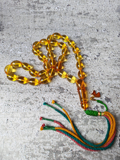 Large Natural Baltic Amber Rosary – 33 Olive Shape Beads | Transparent Citron Color