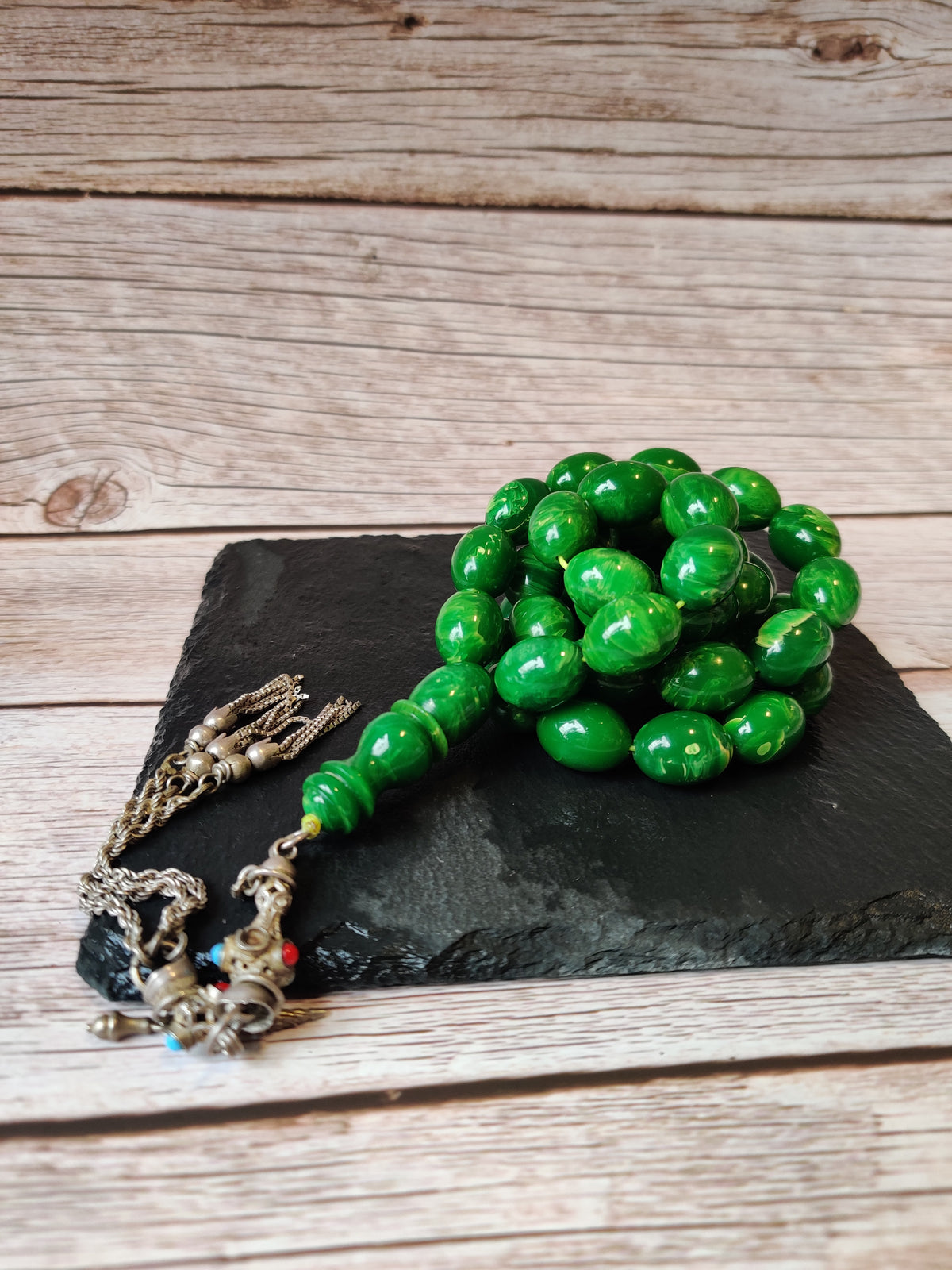 Rare American Bakelite Rosary | Starbucks Green | 41 Beads | Pigeon Egg