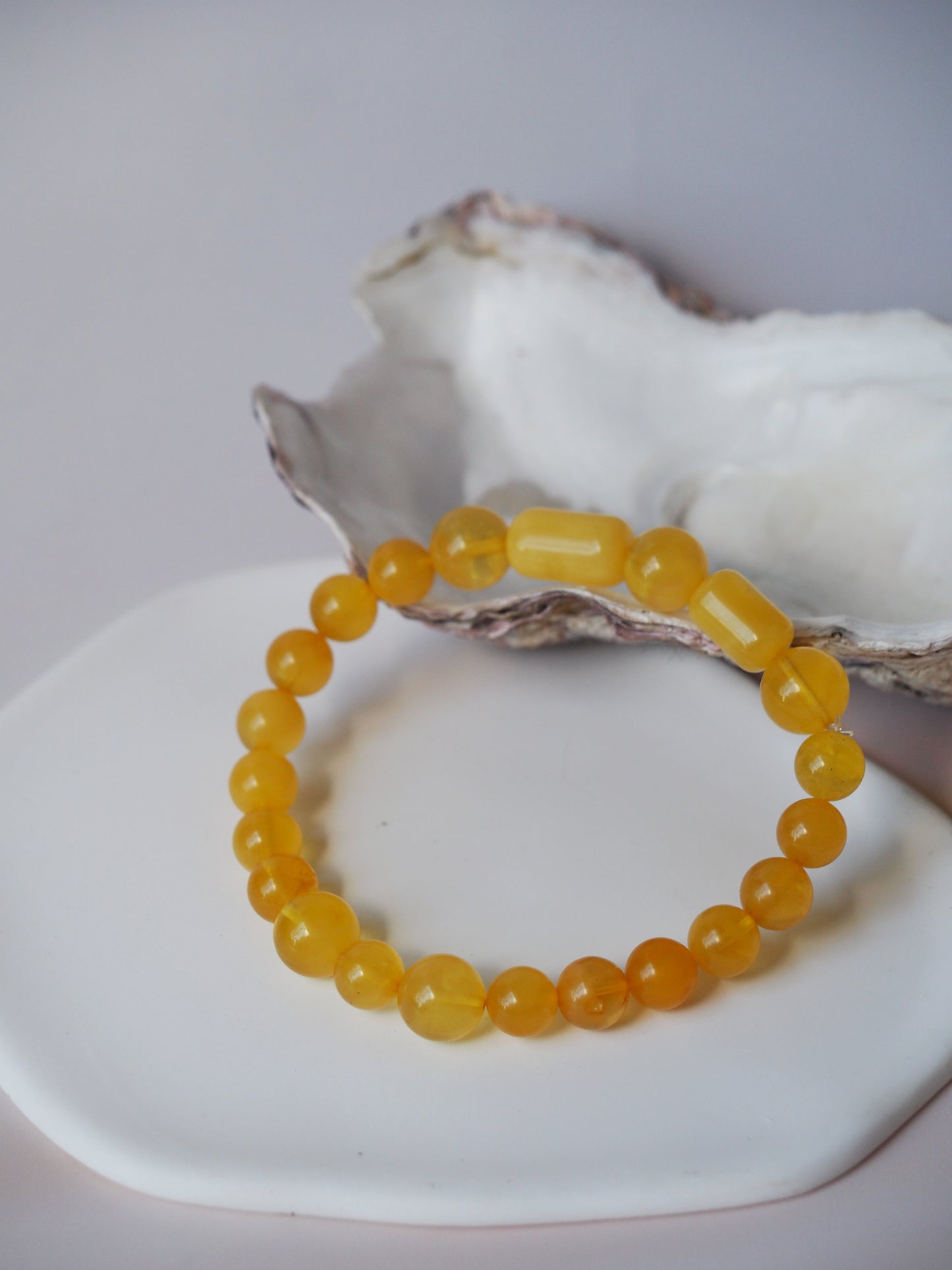 Natural Butterscotch Amber Cylinder and Round Beaded Bracelet