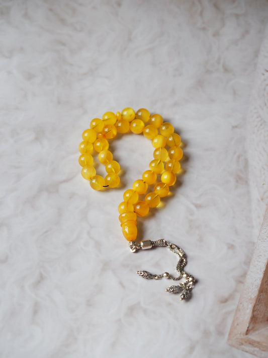 Cloudy Micro Amber Rosary with Silver Tassel 33 Beads