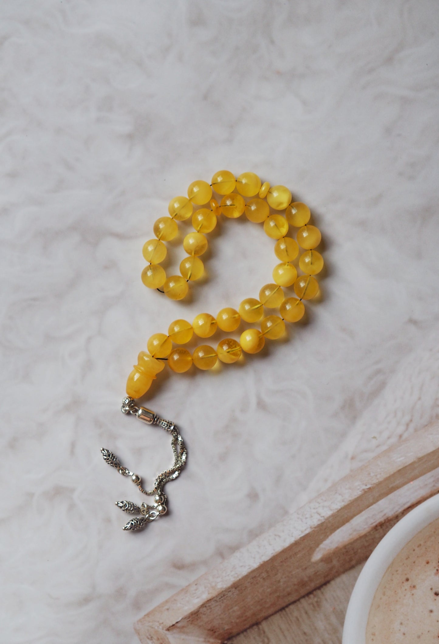 Cloudy Micro Amber Rosary with Silver Tassel 33 Beads