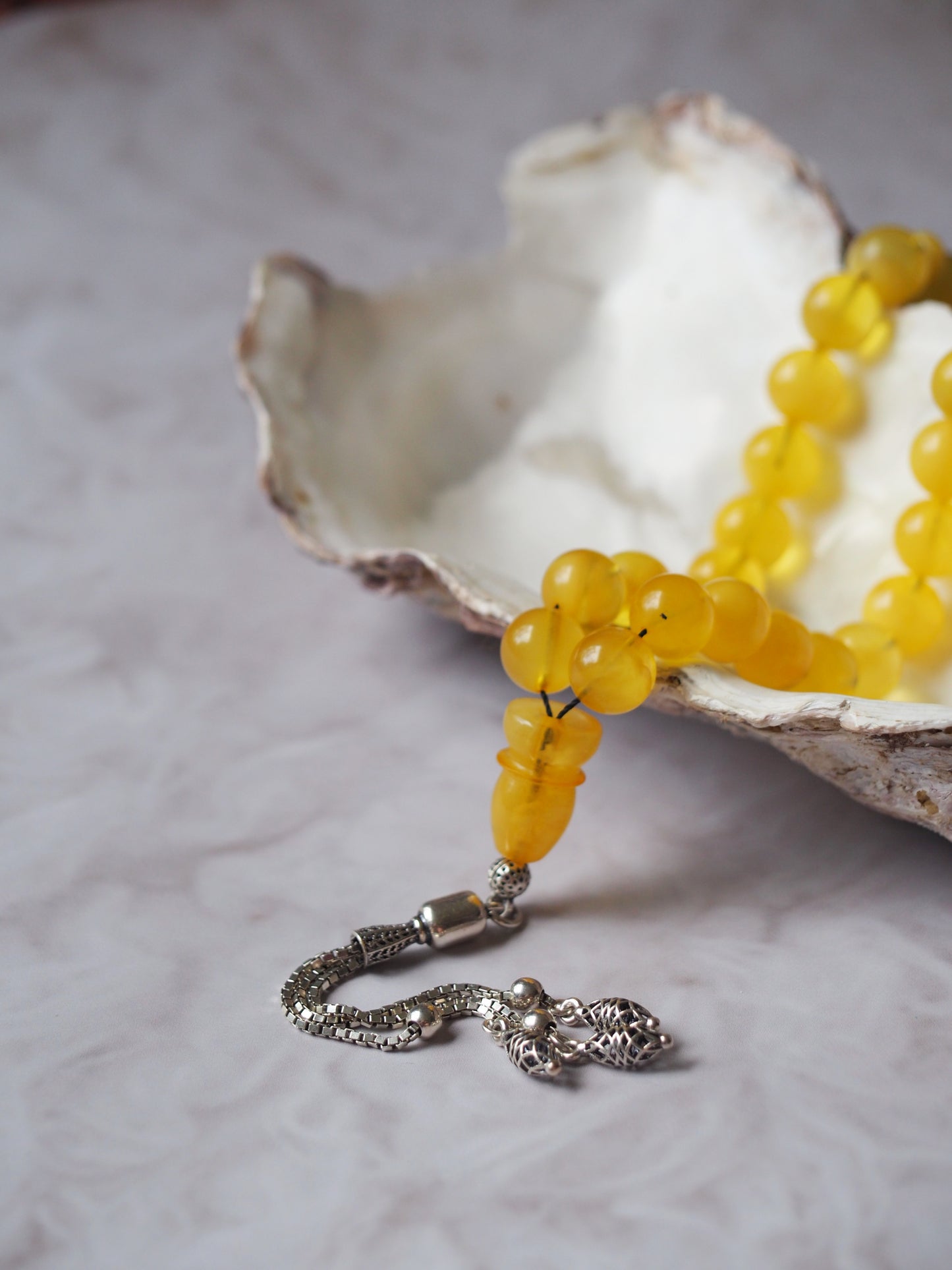 Cloudy Micro Amber Rosary with Silver Tassel 33 Beads