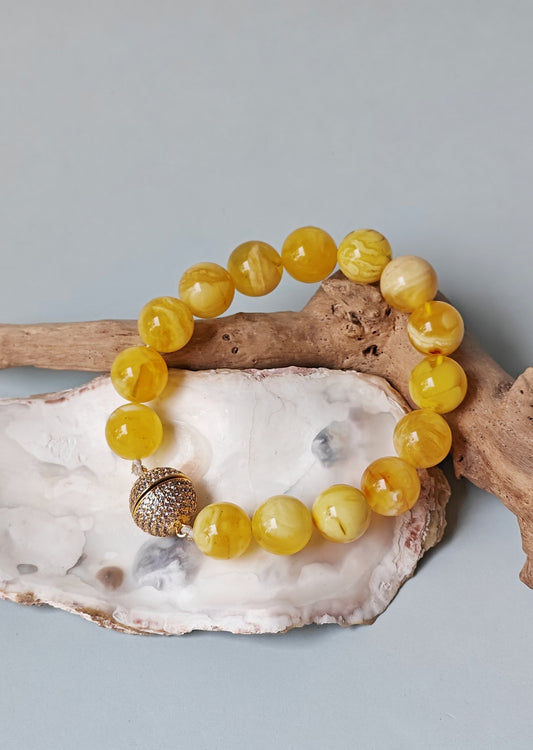 Royal White / Butterscotch Natural Amber Beaded Bracelet with Metal Magnetic Closure