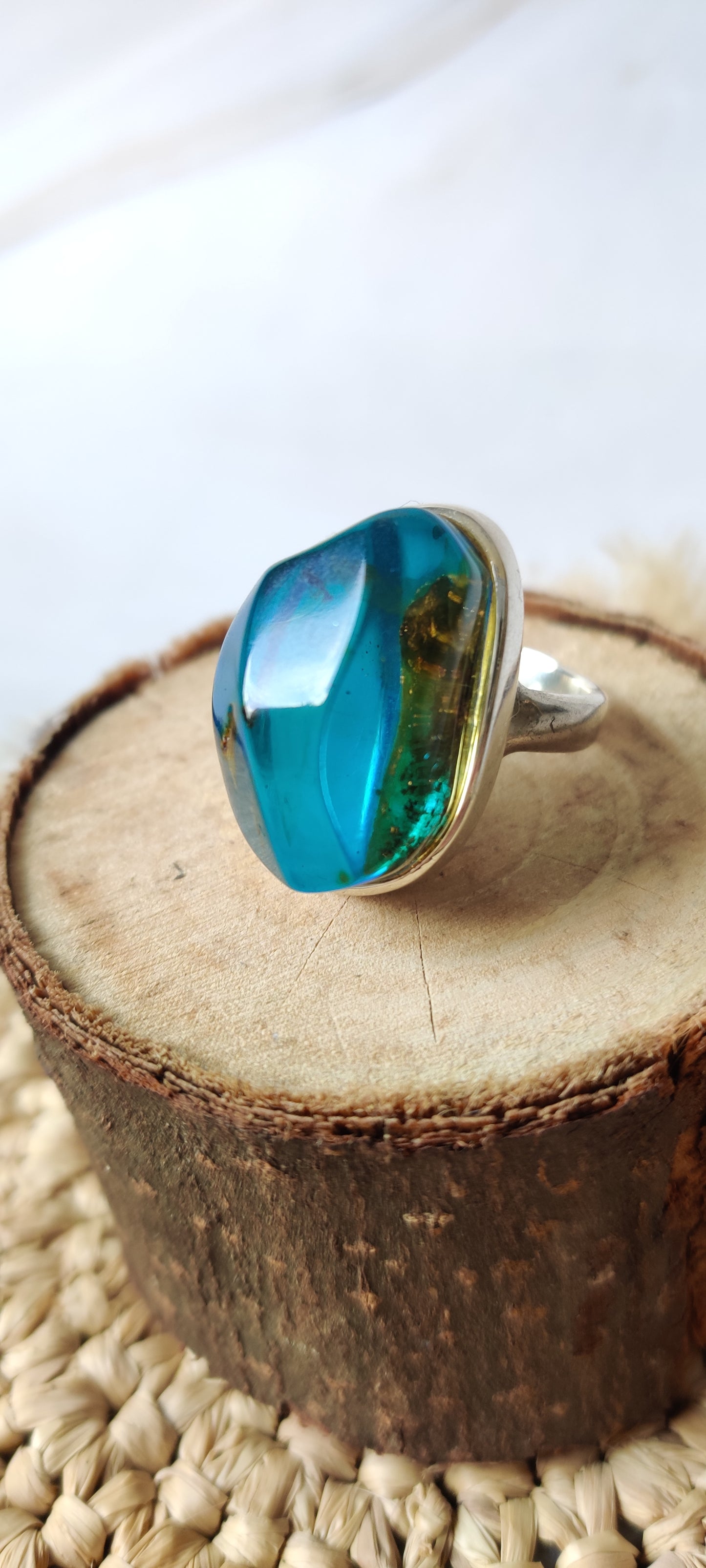 Unique Blue/ Citron Amber Ring with Insect (Ant) inclusion