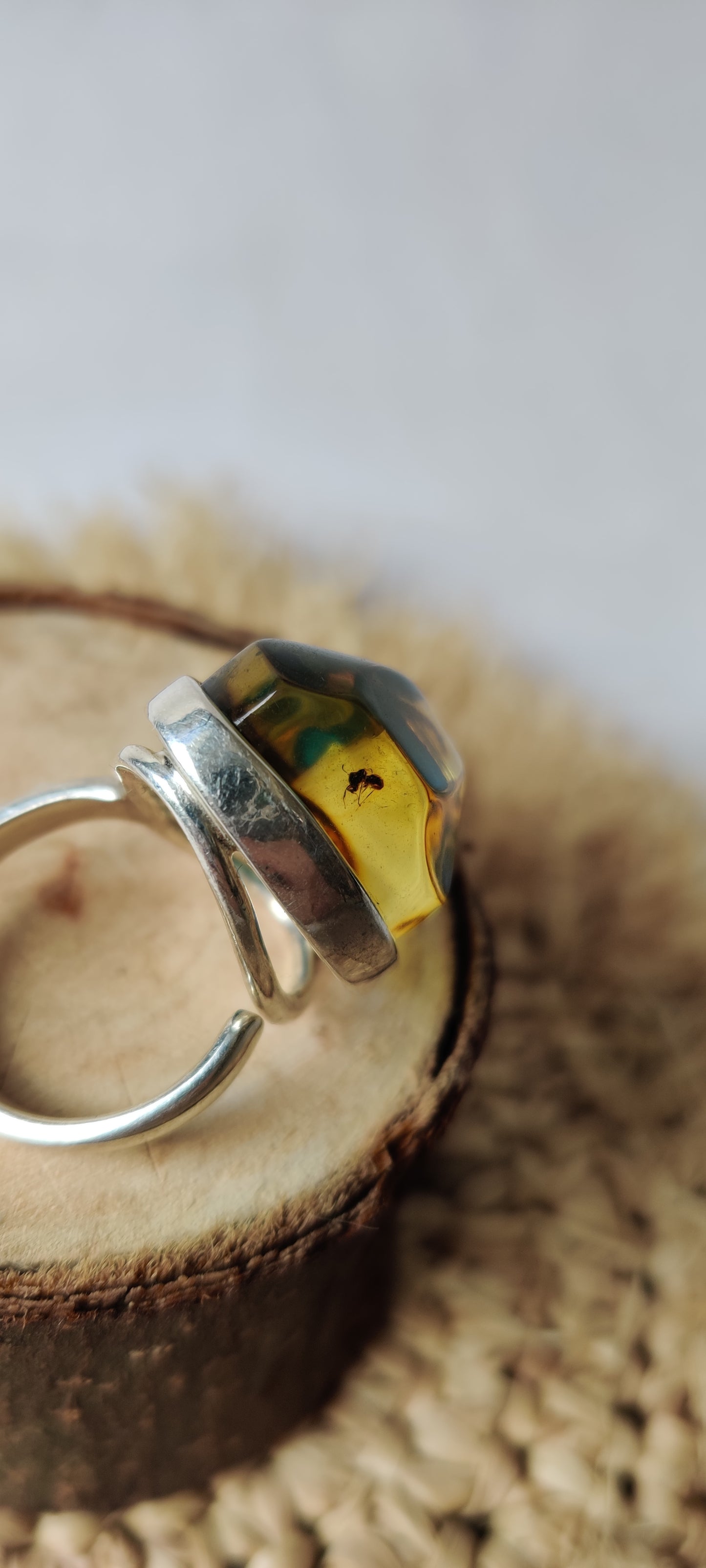 Unique Blue/ Citron Amber Ring with Insect (Ant) inclusion