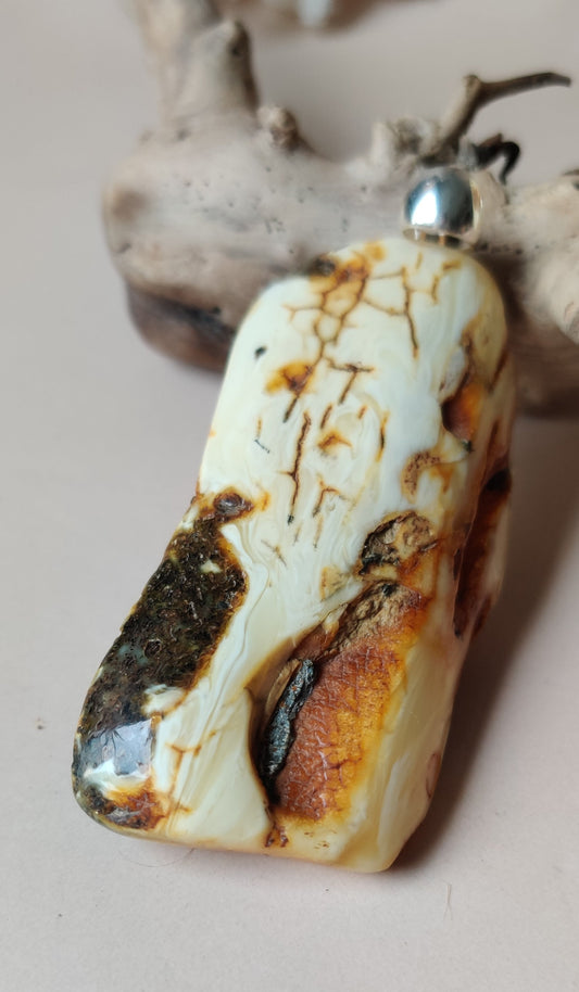 Unique and Rare Big Natural White Amber Pendant + Silver 925