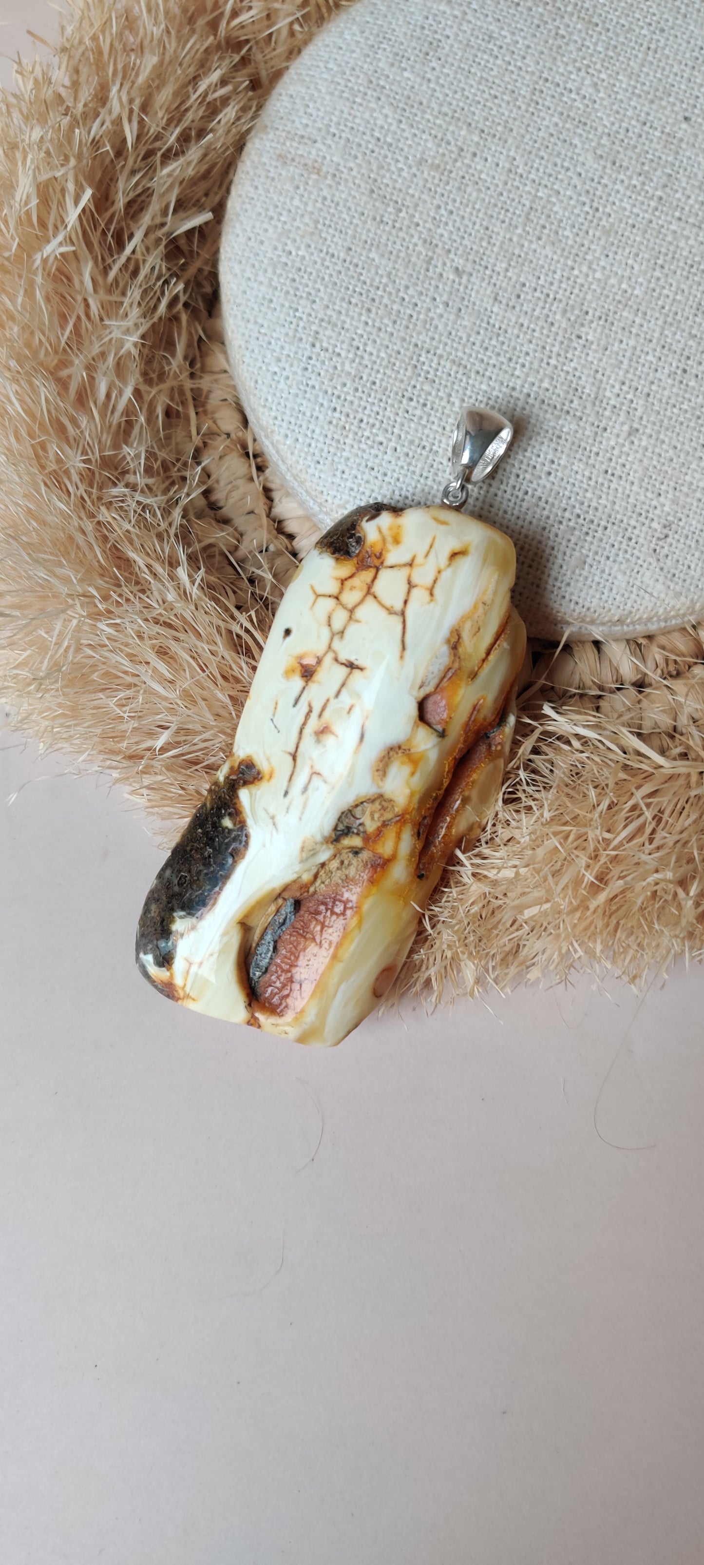 Unique and Rare Big Natural White Amber Pendant + Silver 925