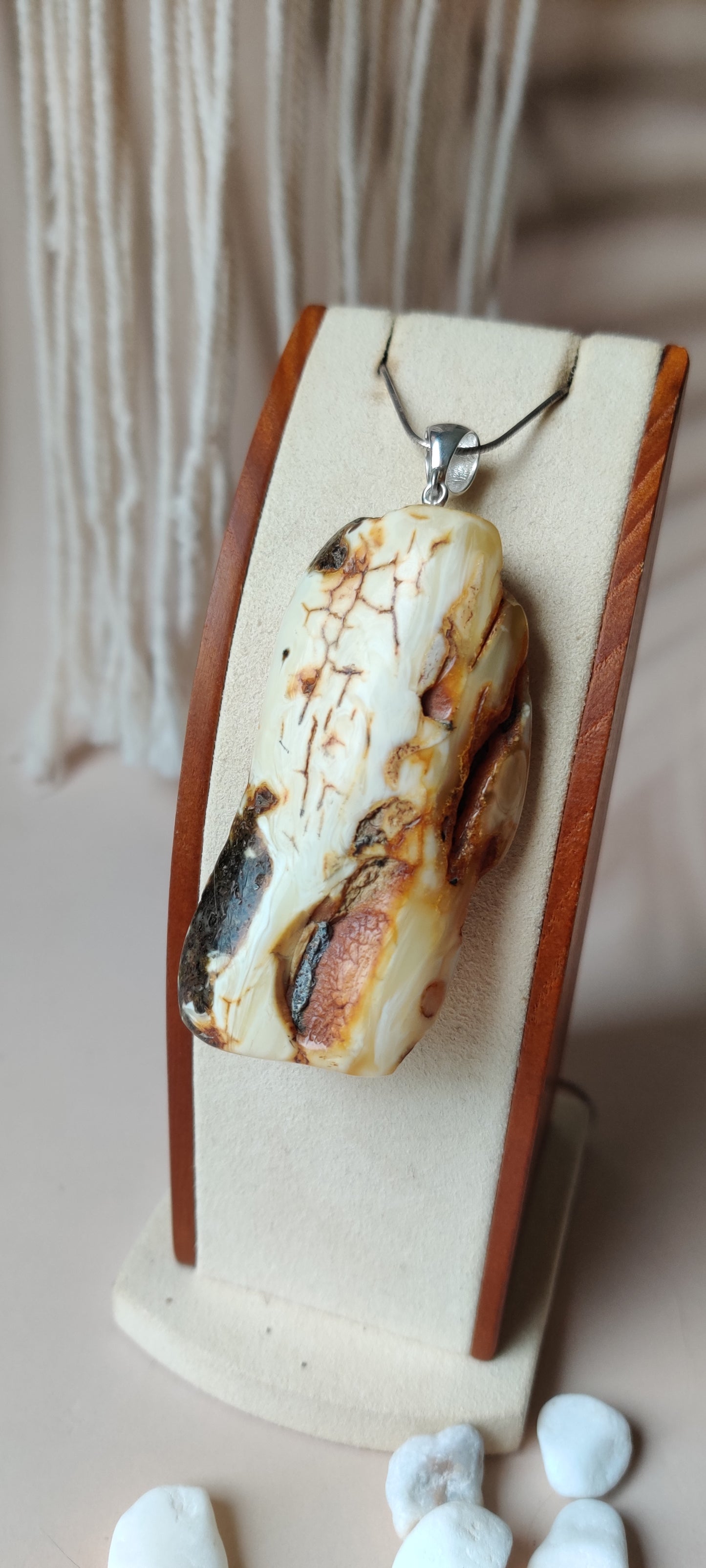 Unique and Rare Big Natural White Amber Pendant + Silver 925