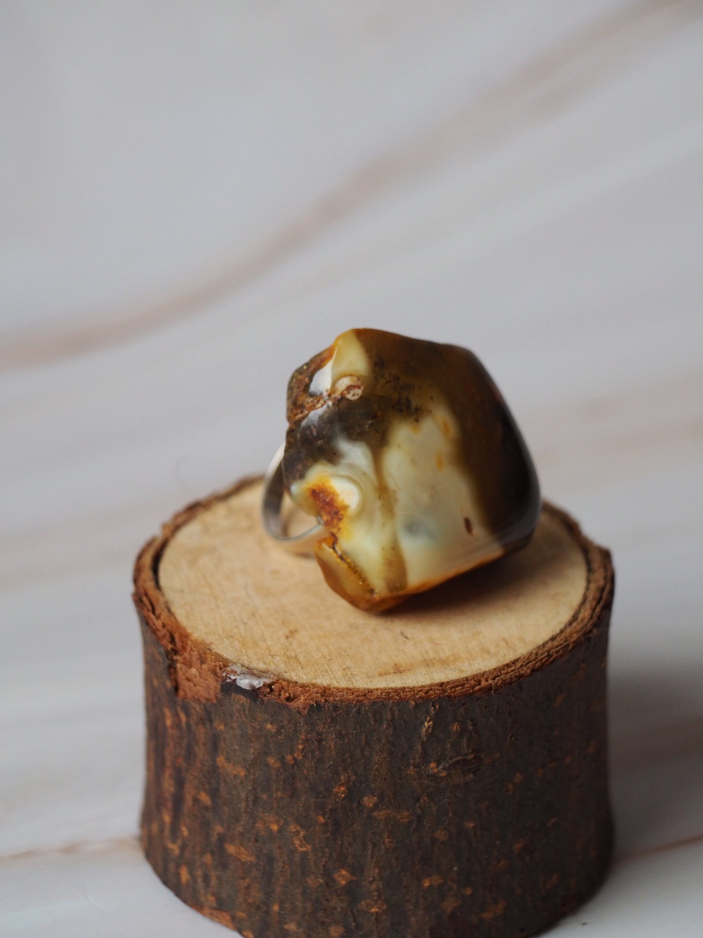 Big Natural Raw Amber Ring with Silver