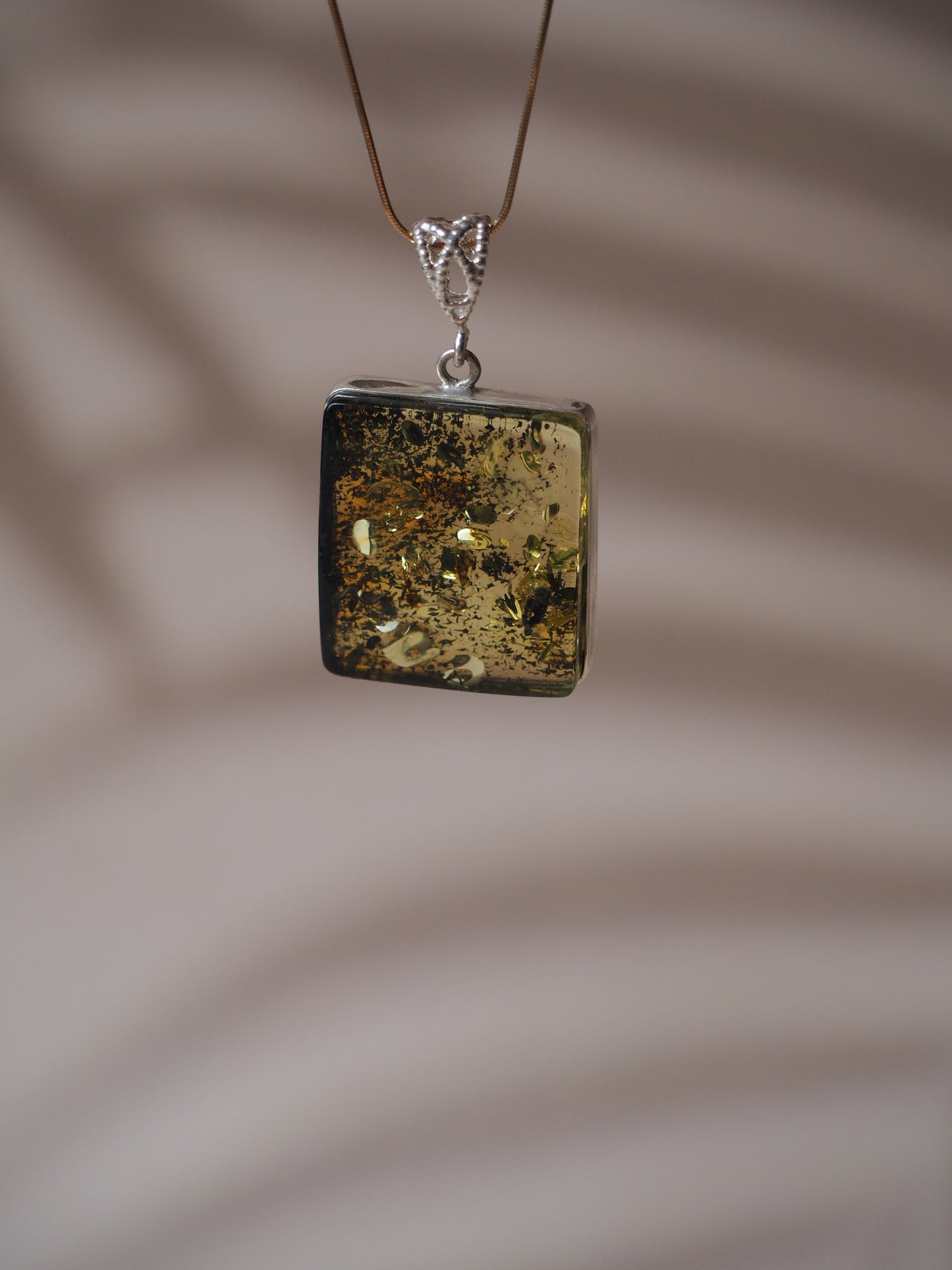 Green Raw Amber Square Pendant with Silver 925