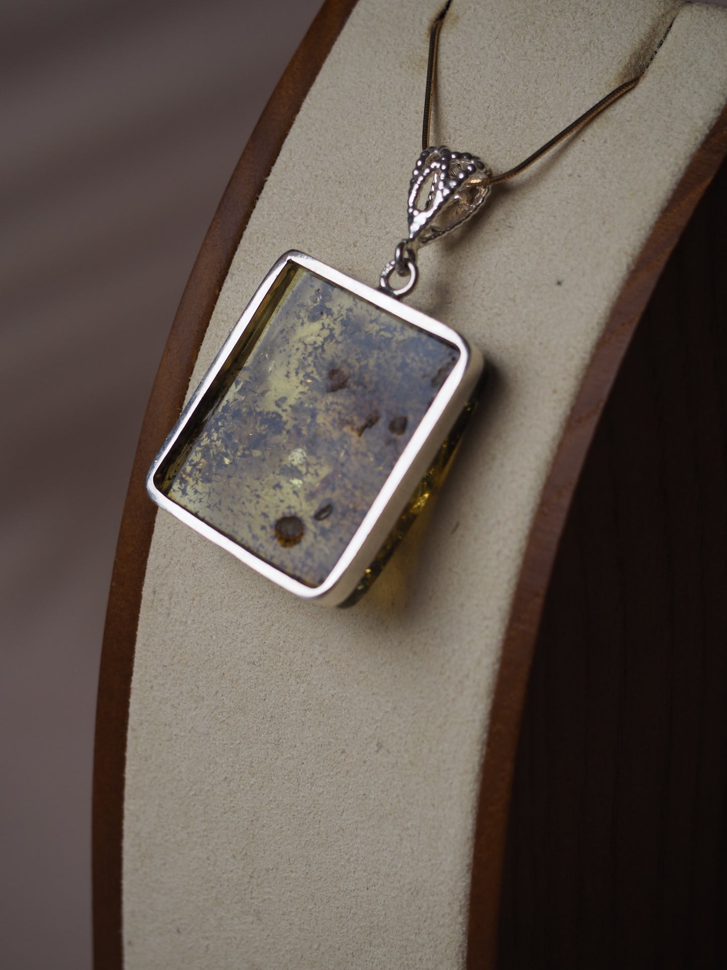 Green Raw Amber Square Pendant with Silver 925