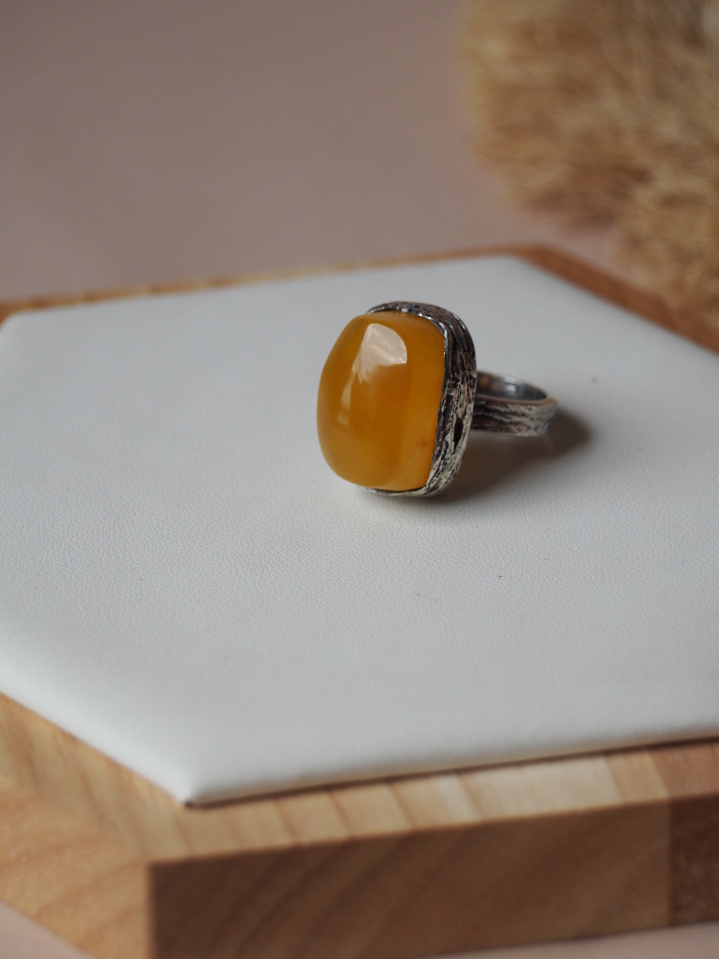 Natural Honey Amber Rectangular Ring in Silver