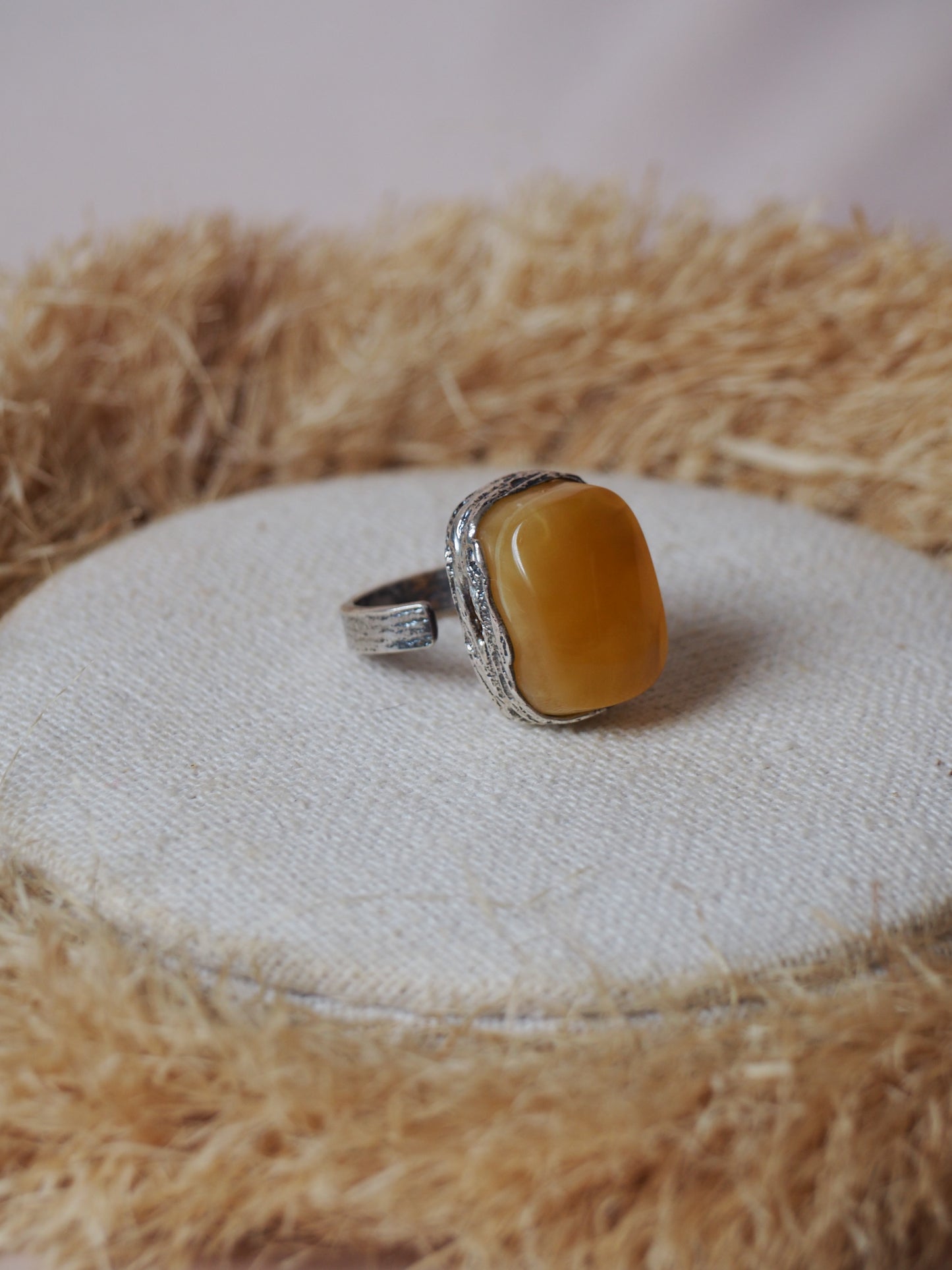 Natural Honey Amber Rectangular Ring in Silver