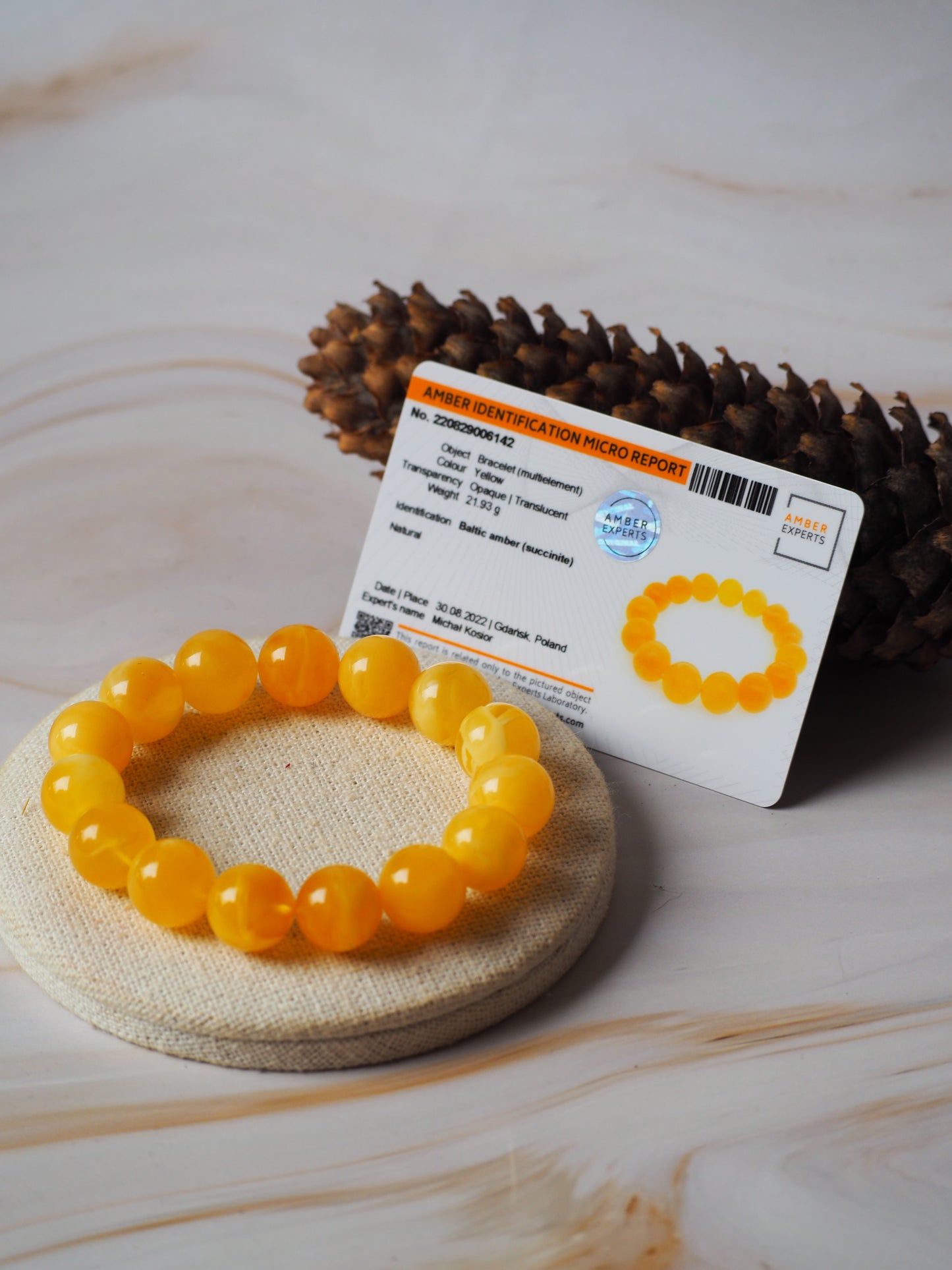 Natural Butterscotch/Honey Amber Beaded Bracelet 13,5mm + Certificate