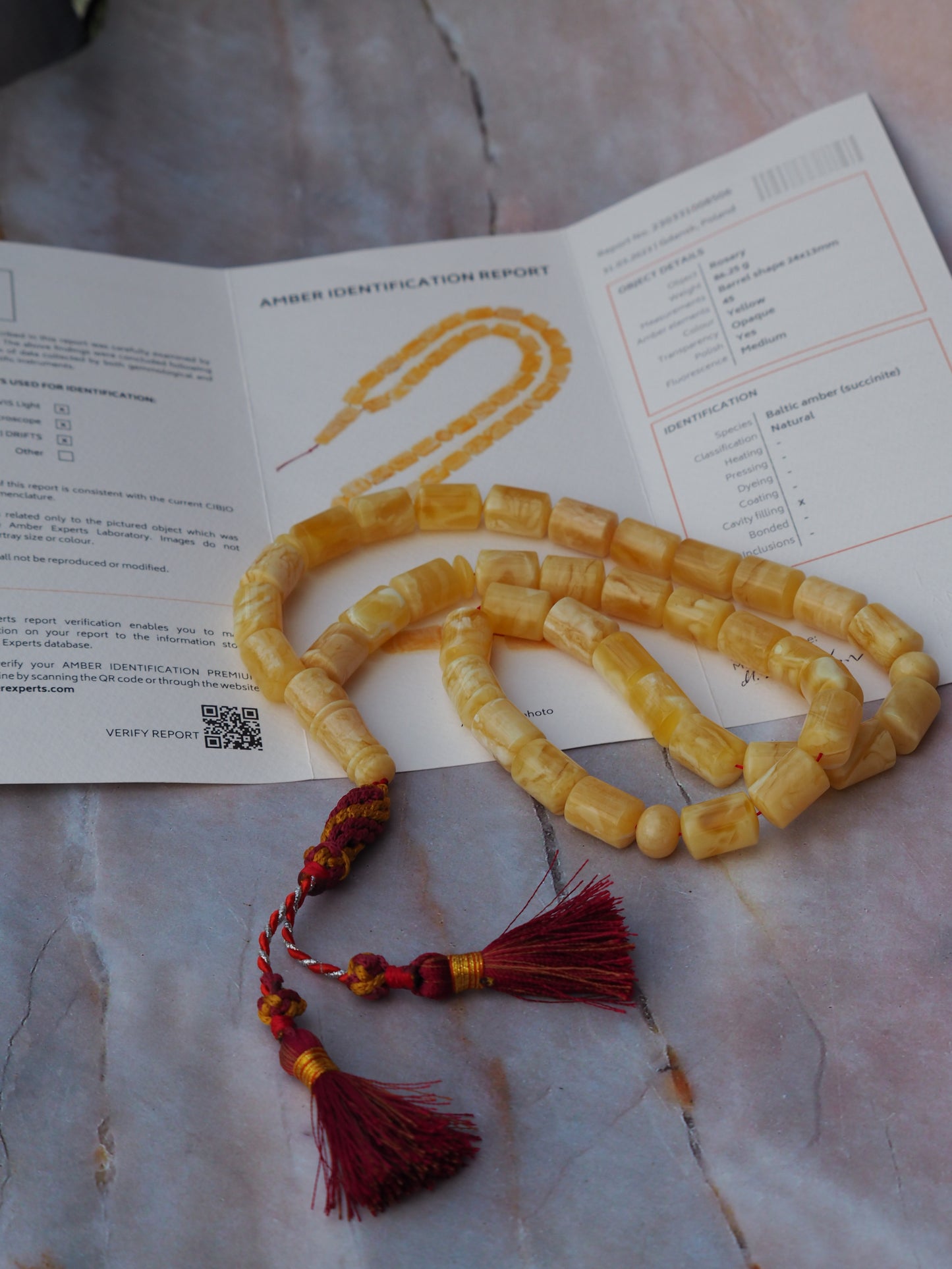 Premium Unique Natural Butterscotch/ Royal White "Tiger" Amber Rosary + Certificate