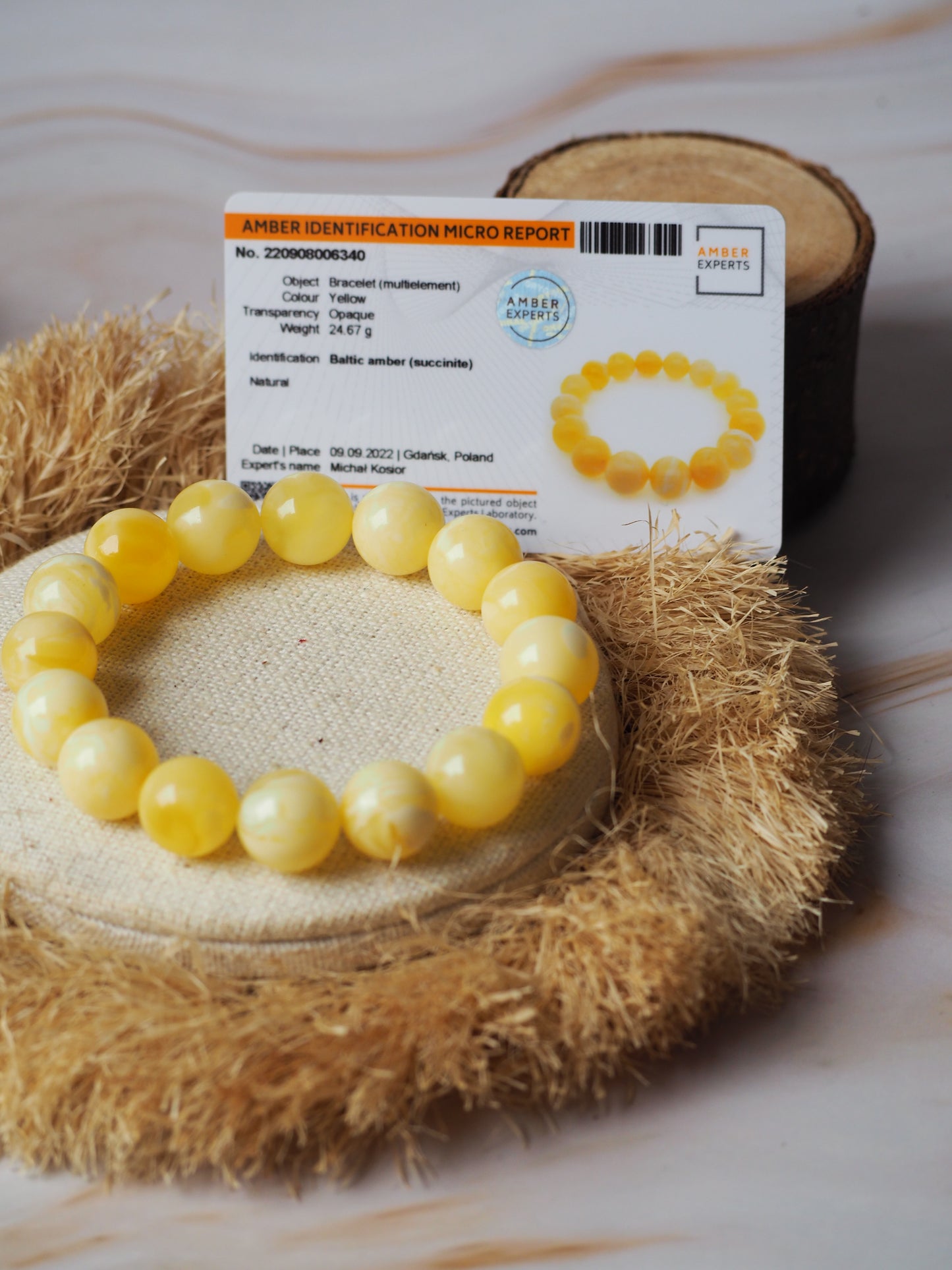 Natural Milk Amber/Royal White Amber Beaded Bracelet 14mm with Certificate