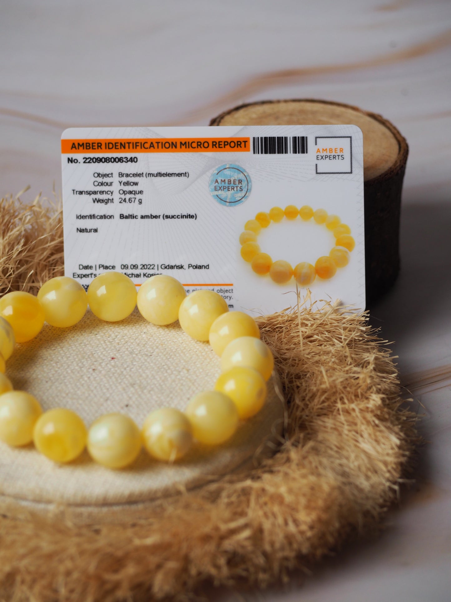 Natural Milk Amber/Royal White Amber Beaded Bracelet 14mm with Certificate