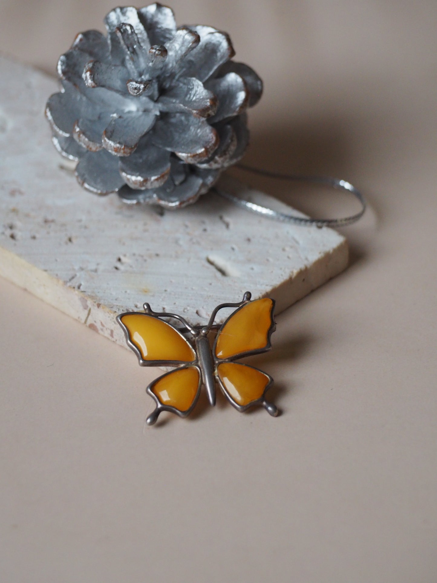 Butterfly Butterscotch Amber Brooch in Silver 925