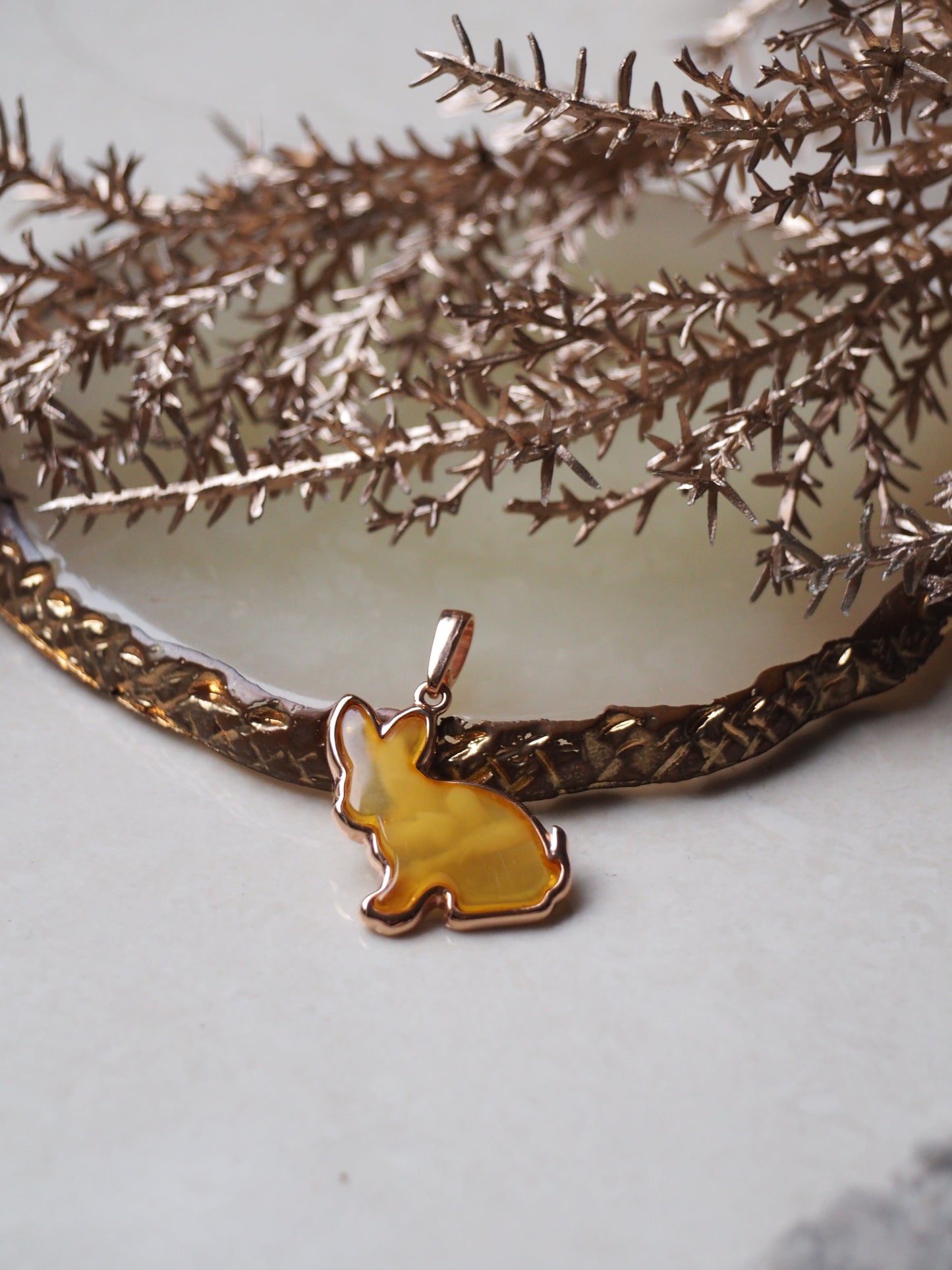 Butterscotch Amber Rabbit Charm in Rose Gold Plated Silver