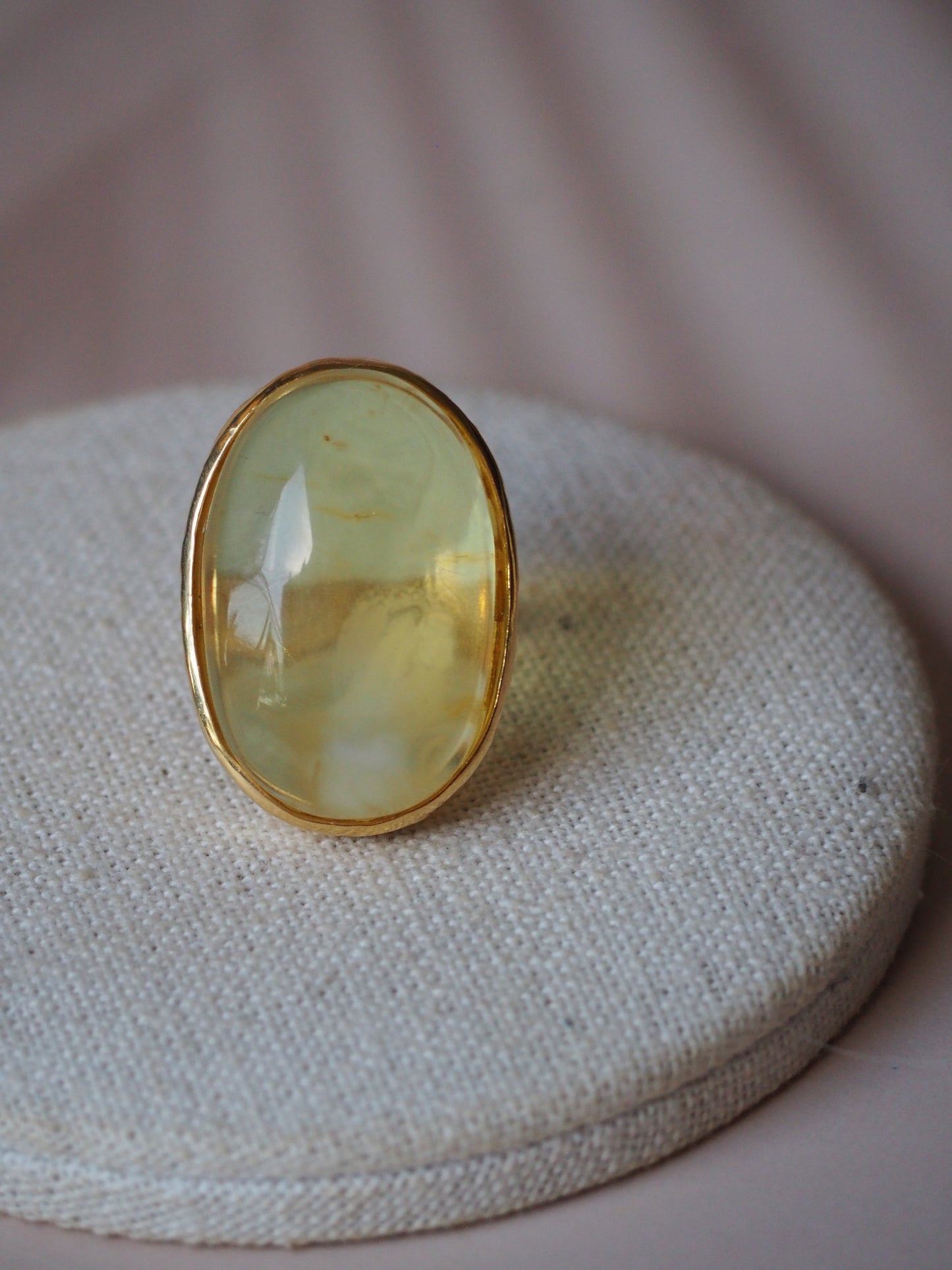 Unique Natural Citron/ Milk Amber Ring in Gold Pleated Silver