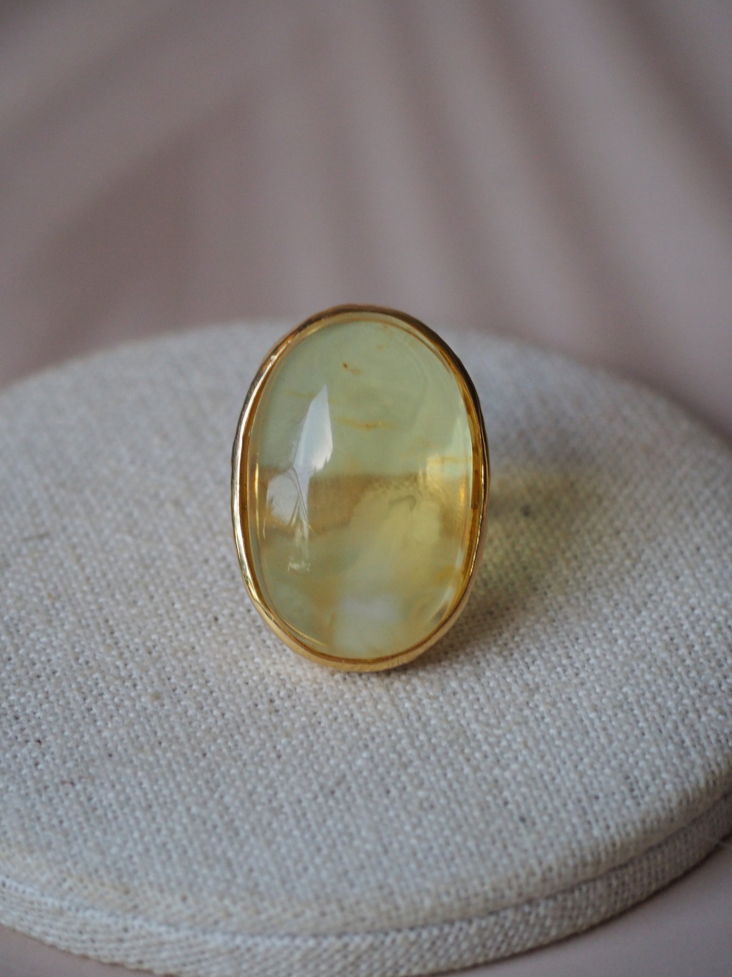 Unique Natural Citron/ Milk Amber Ring in Gold Pleated Silver