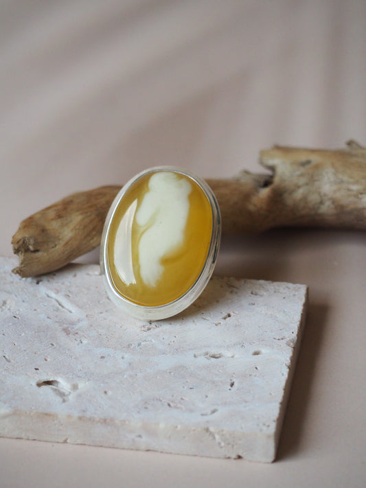 Natural Butterscotch & Royal White Amber Oval Silver Ring