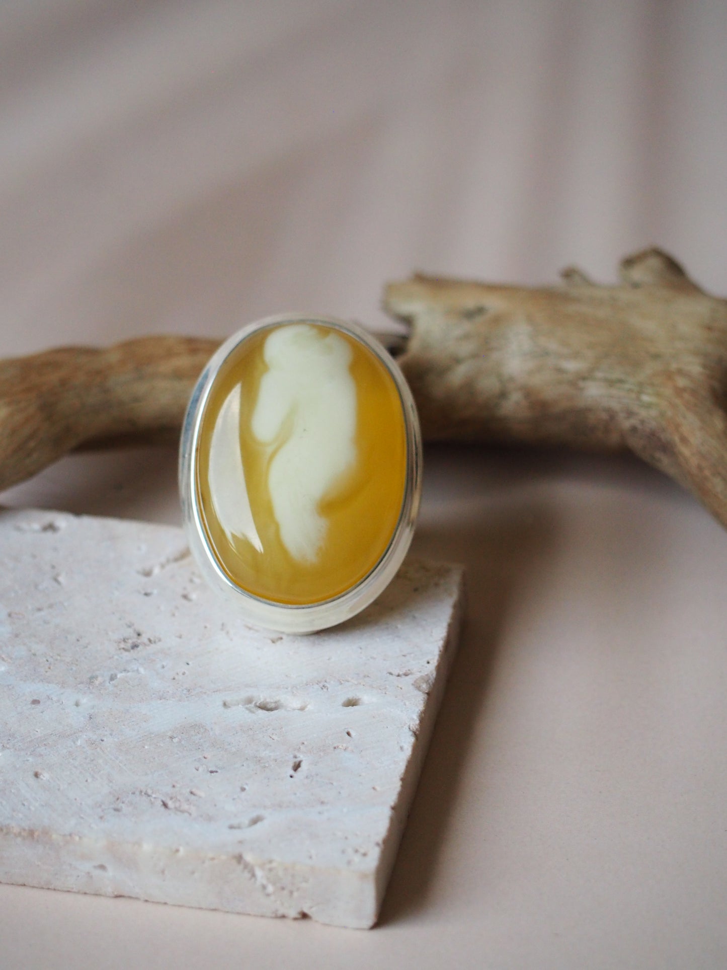 Natural Butterscotch & Royal White Amber Oval Silver Ring