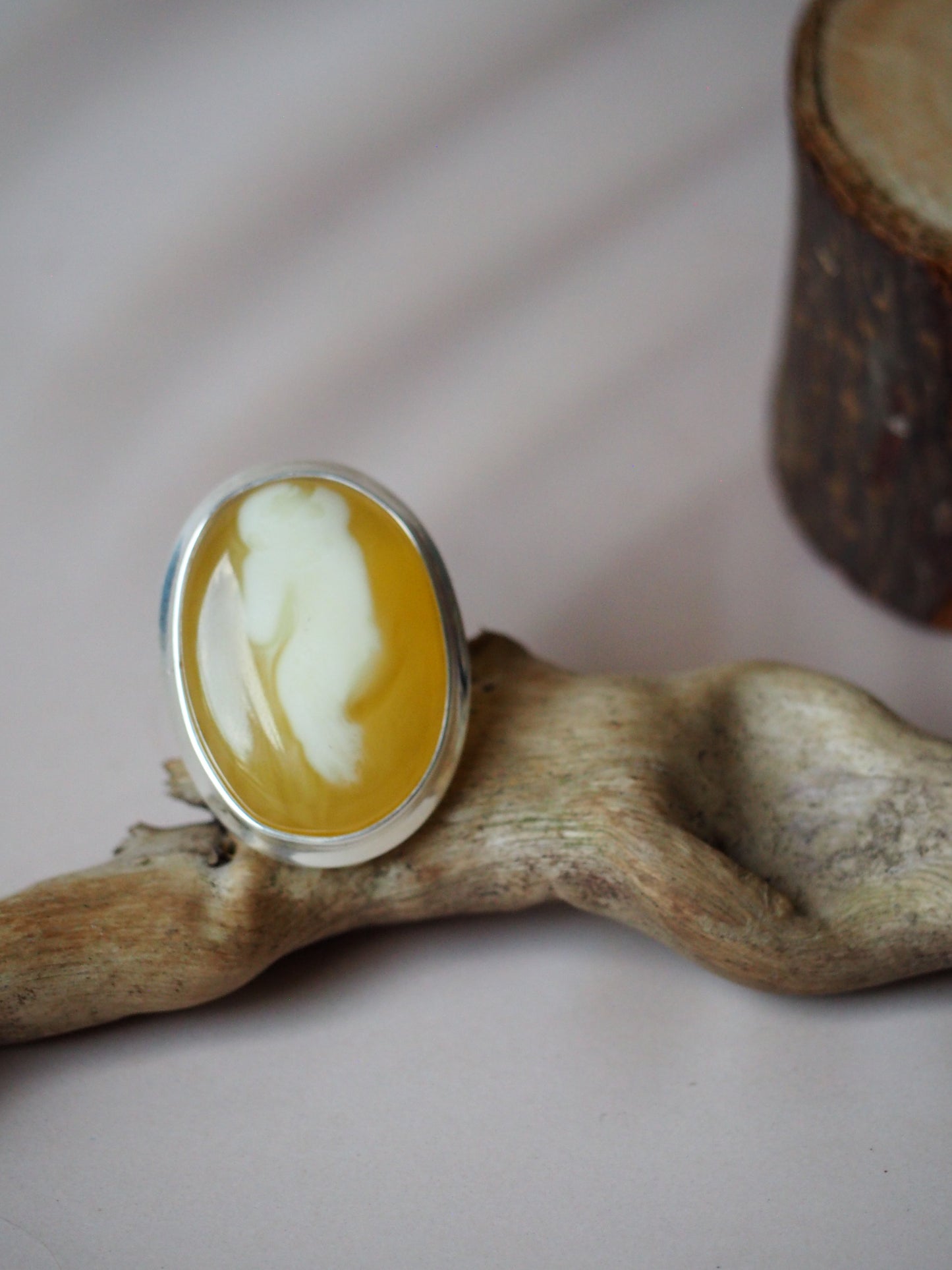 Natural Butterscotch & Royal White Amber Oval Silver Ring