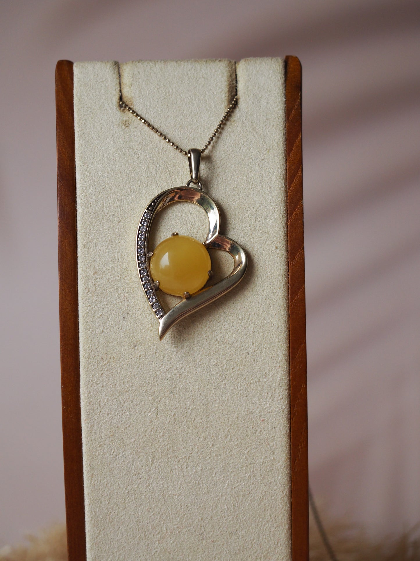 Open Heart Gold Plated Pendant with Butterscotch Amber and Rhinestones