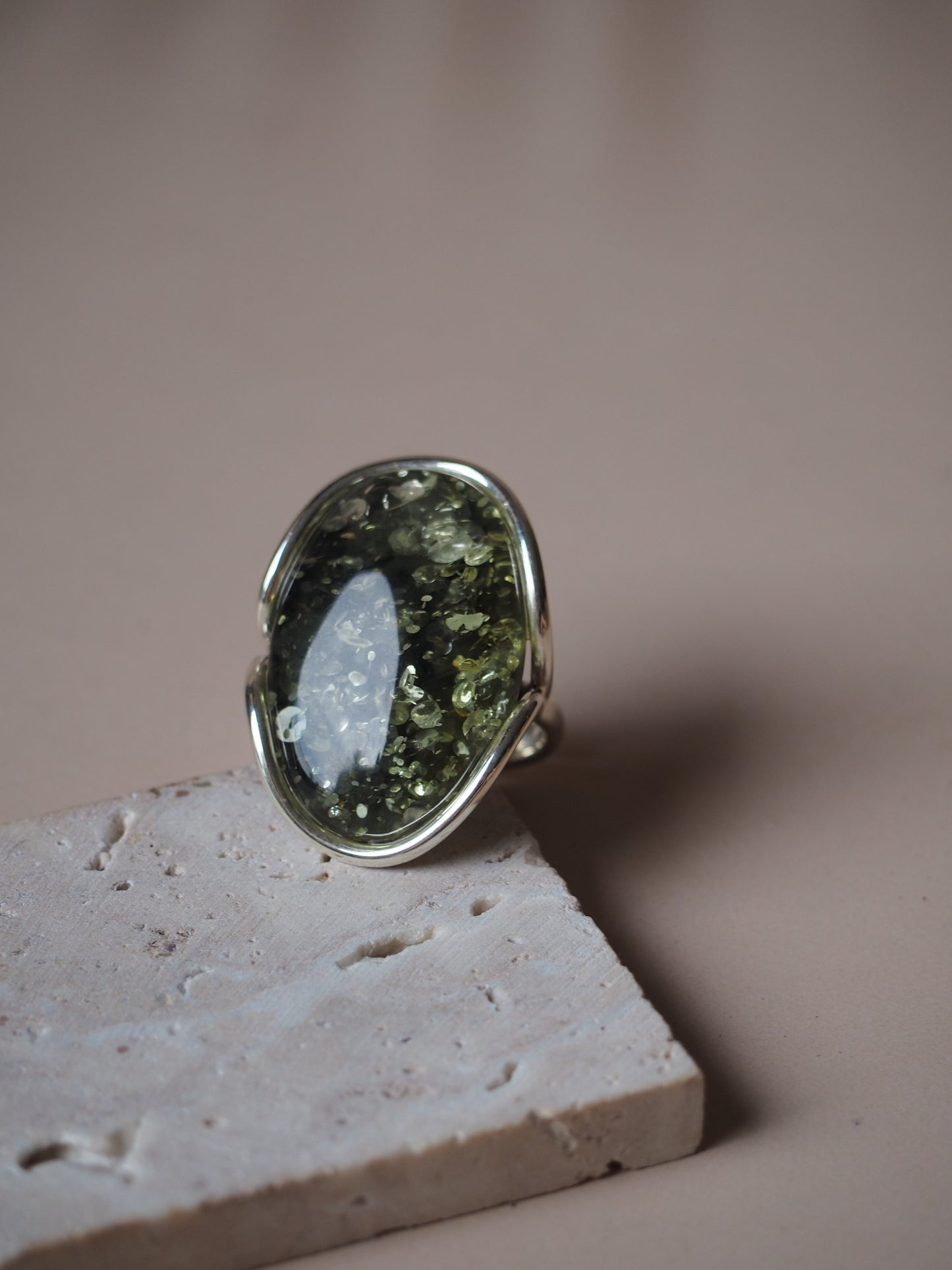 Green Amber Silver Ring