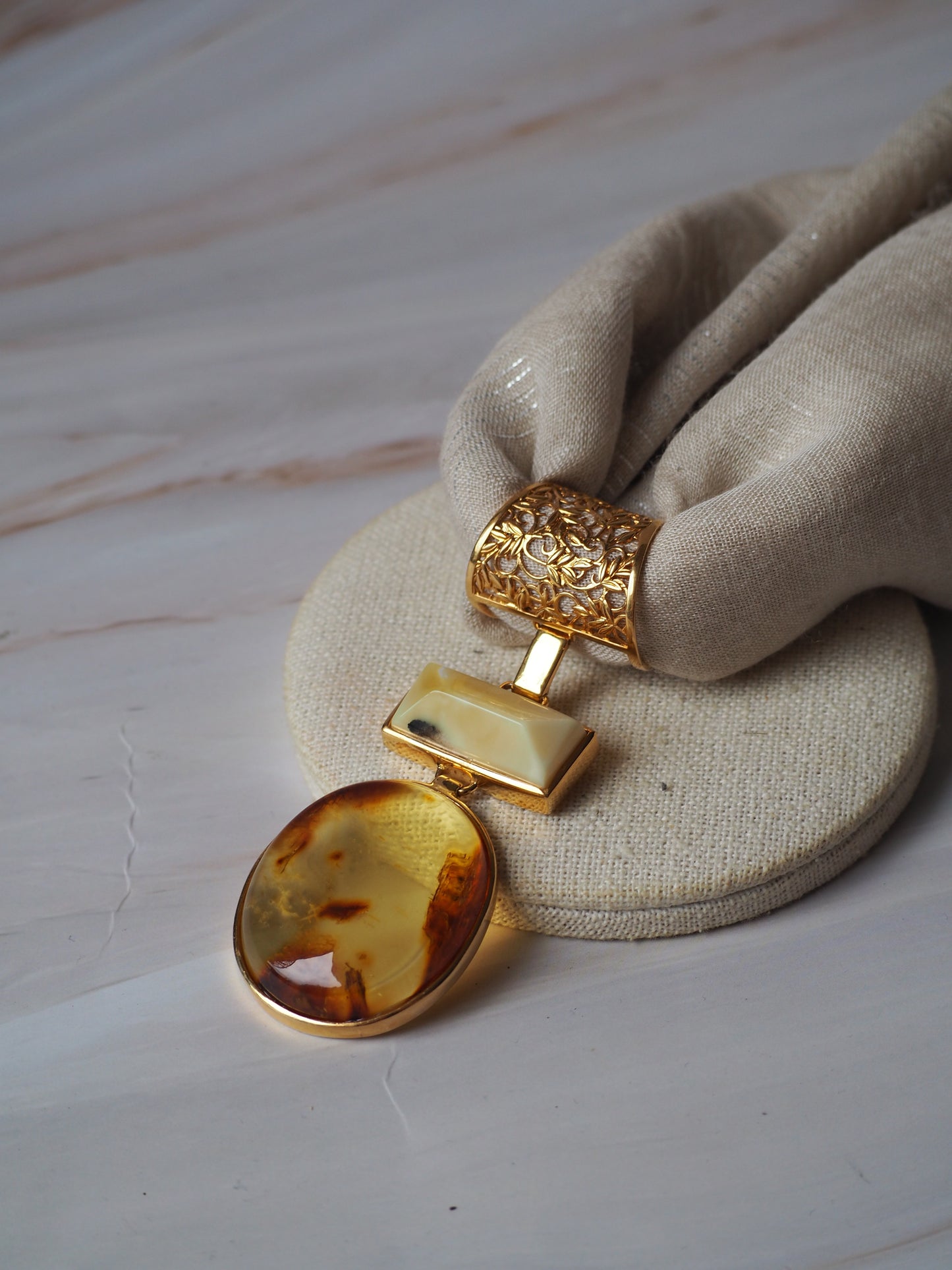 Big Elegant Milk and Cognac Amber Pendant / Scarf Pendant in Gold Pleated Silver