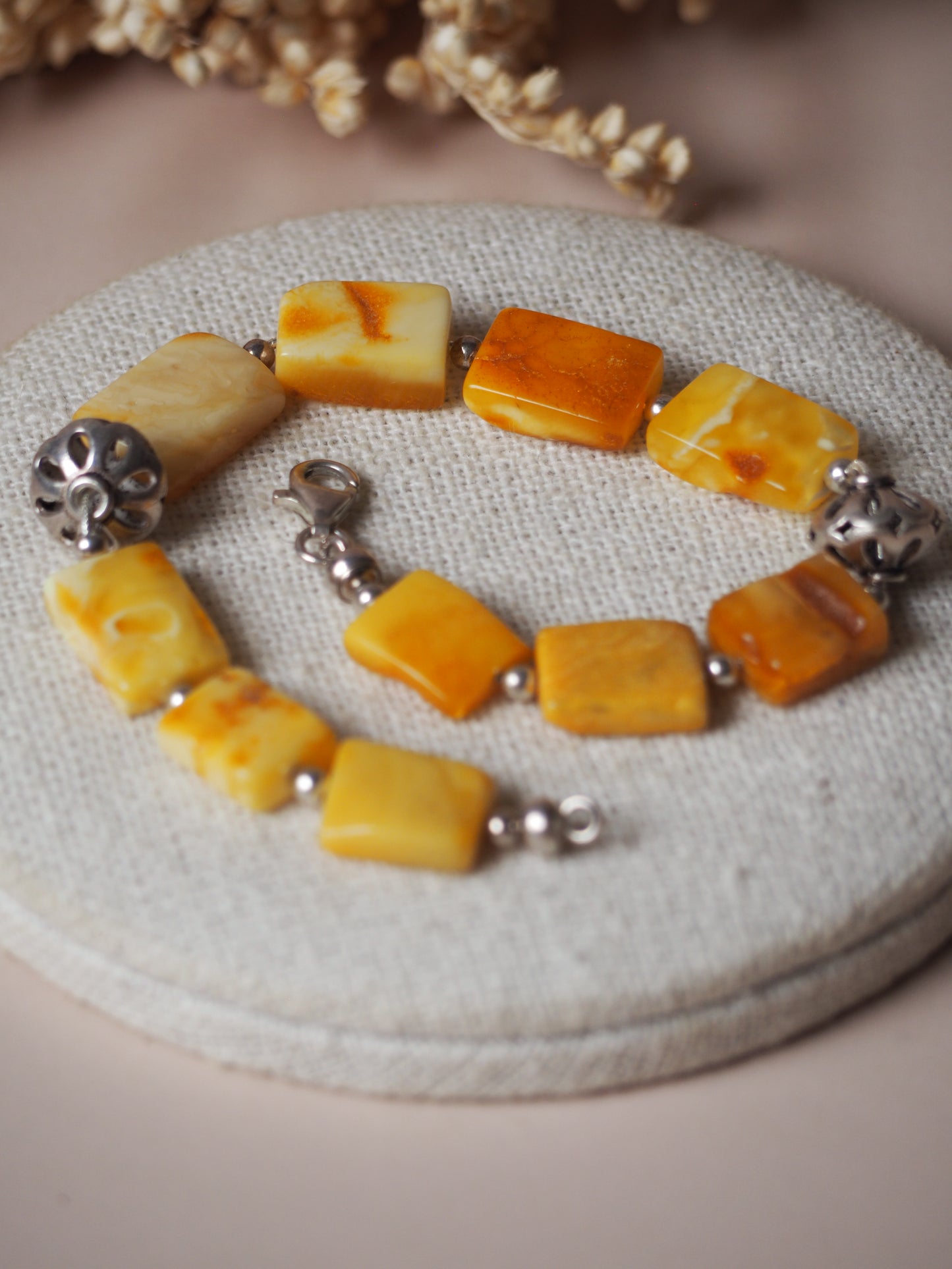 Natural/ Raw Butterscotch & Honey Amber Bracelet with Silver Embellishments
