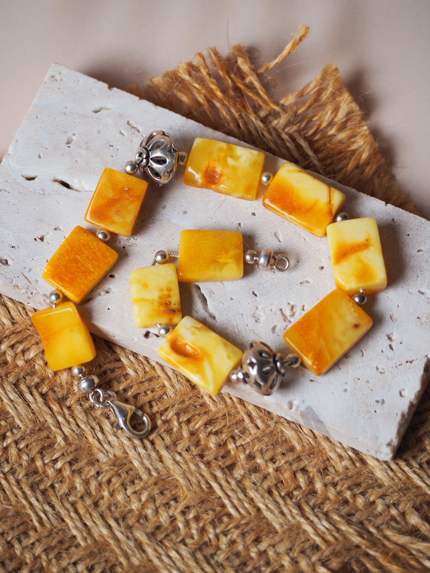 Natural/ Raw Butterscotch & Honey Amber Bracelet with Silver Embellishments