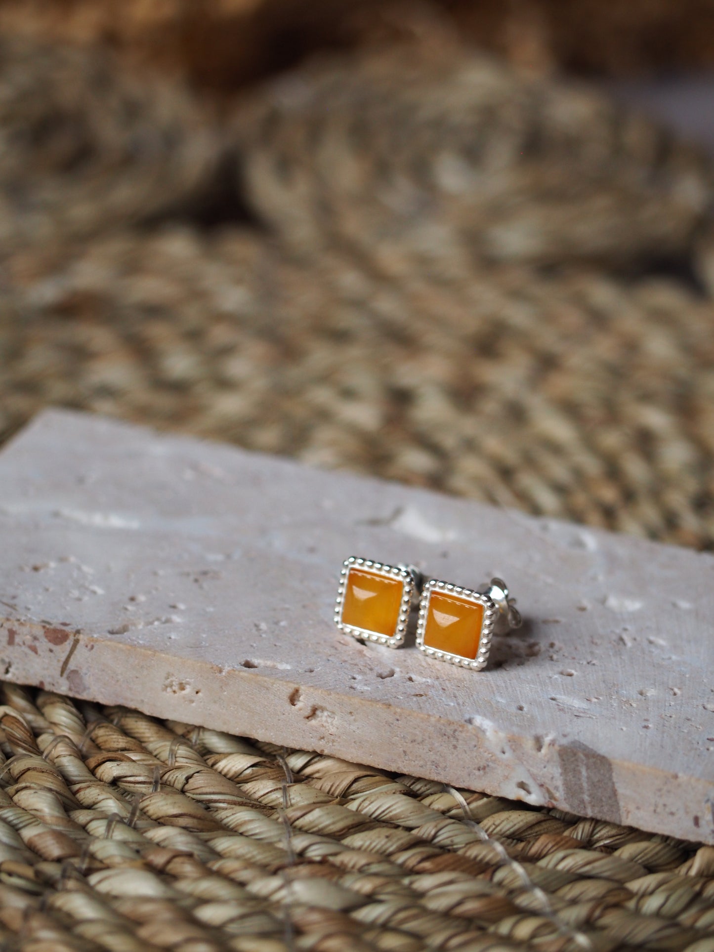 Minimalistic Square Butterscotch/ Honey Amber Silver Stud Earrings