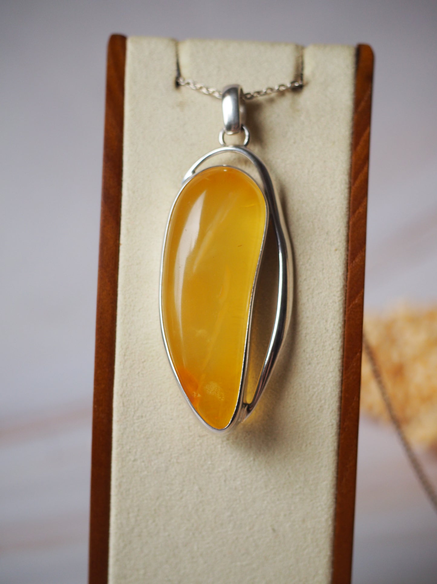 Long Butterscotch Amber Pendant in Silver