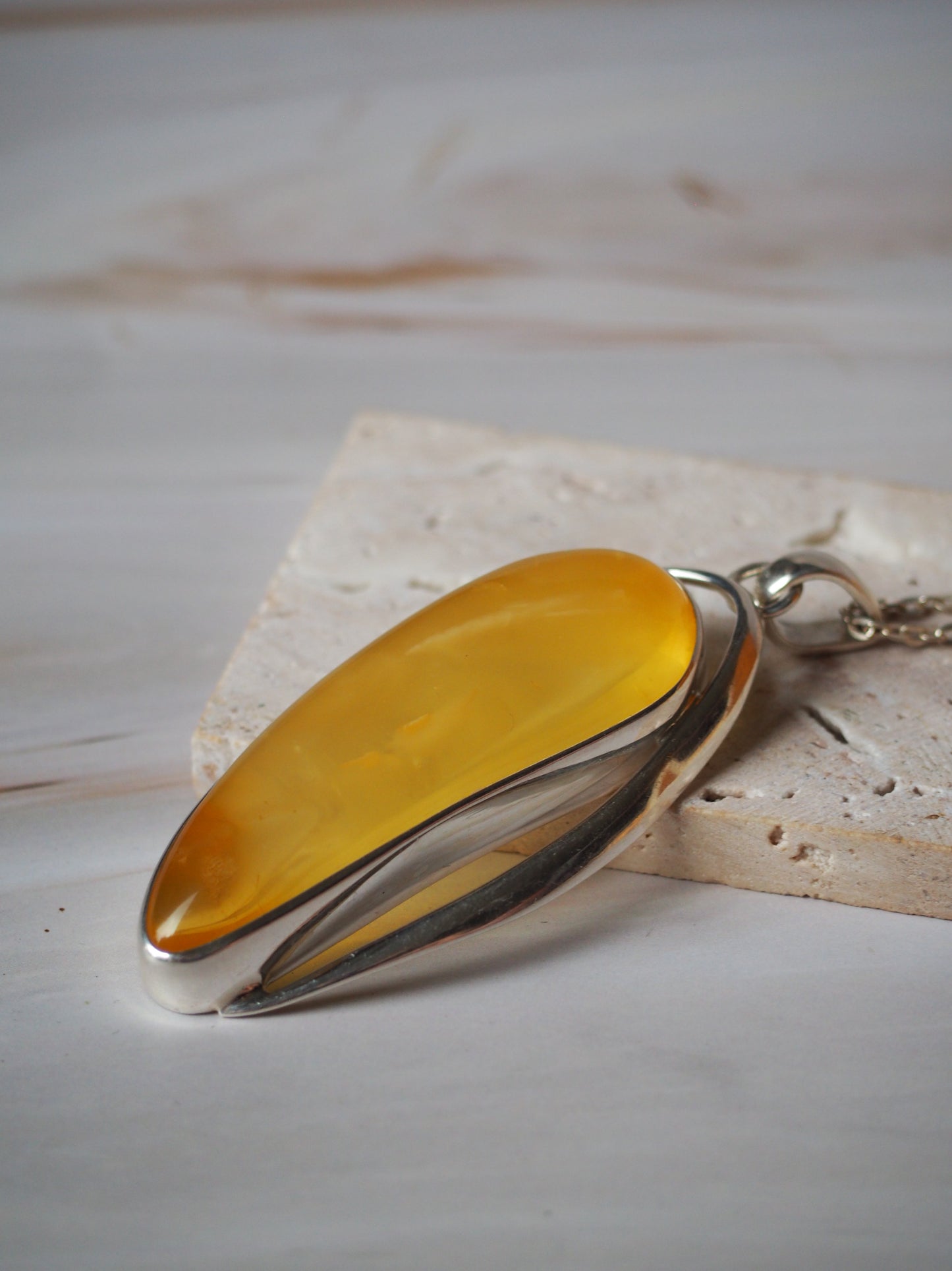 Long Butterscotch Amber Pendant in Silver