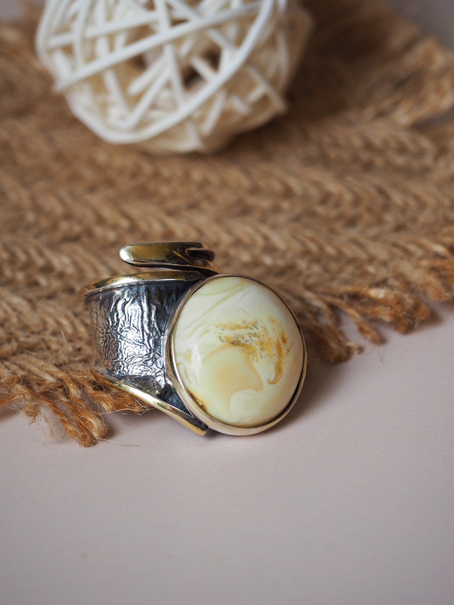 Unique White/ Milk Amber Big Silver/ Gold Pleated Ring