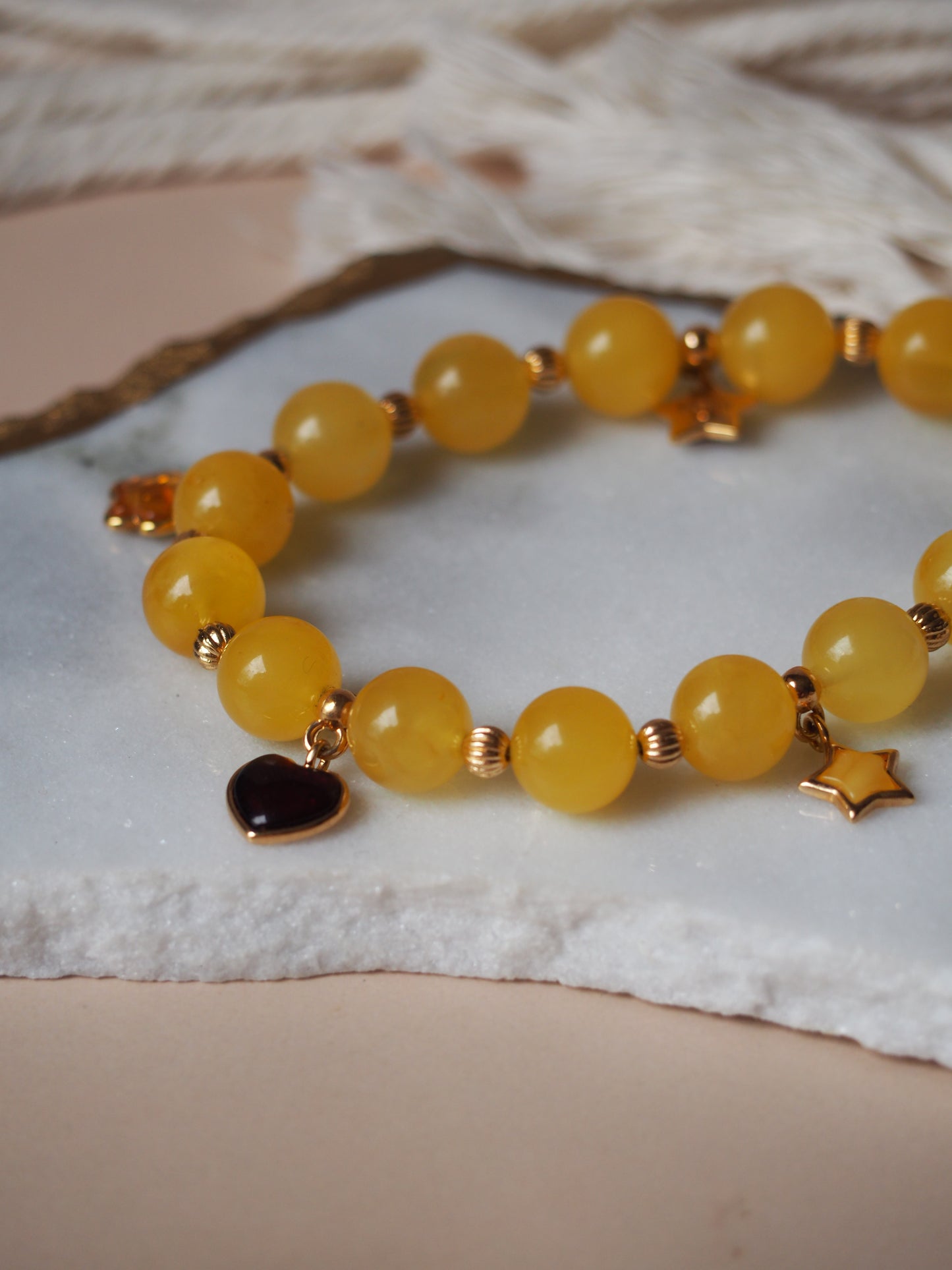 Natural Butterscotch Amber Beaded Bracelet with Colorful Amber Charms 10mm