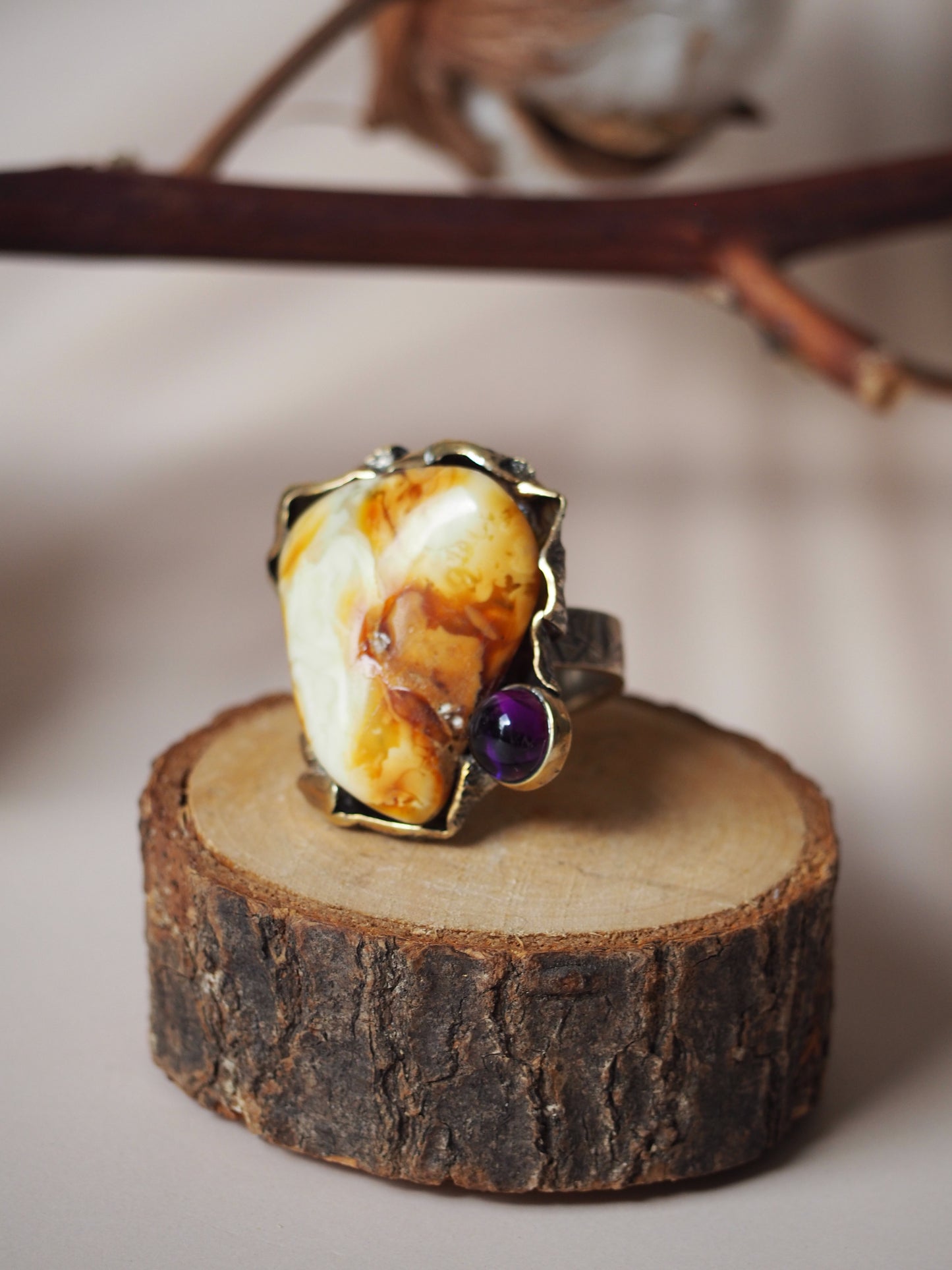 Big Natural White Amber Ring with Antique Silver