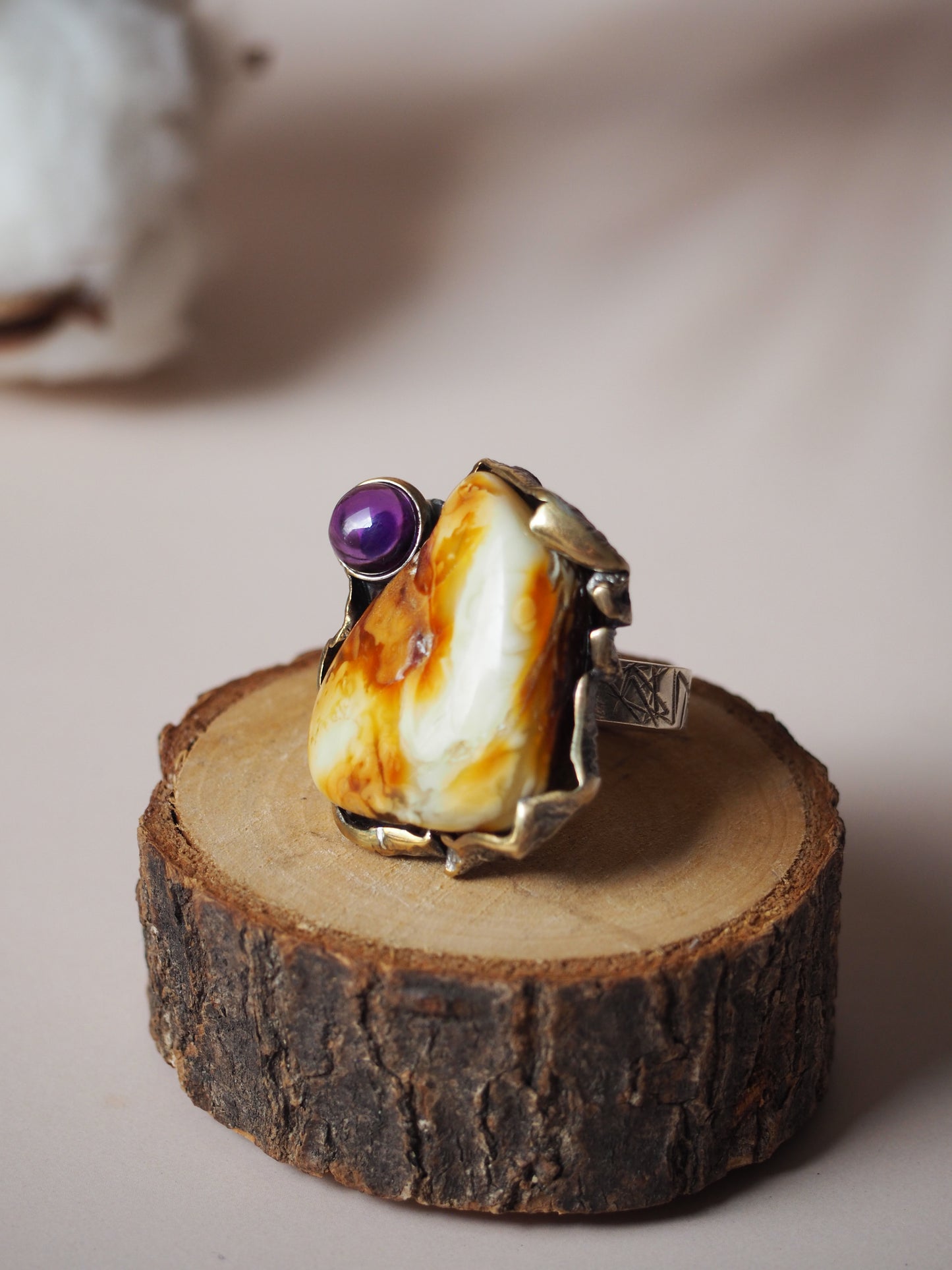 Big Natural White Amber Ring with Antique Silver