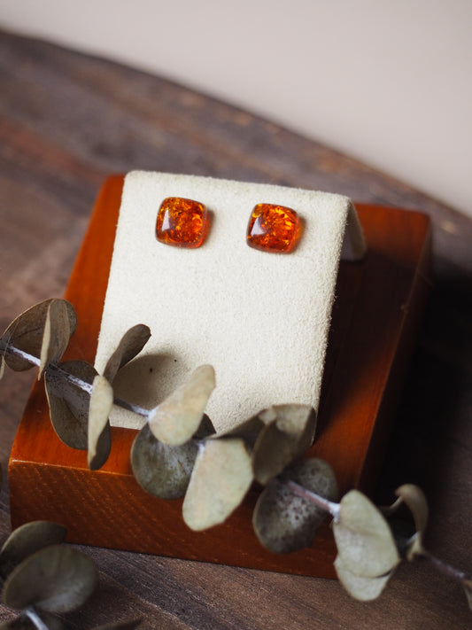 Square Cognac Amber Minimalistic Earrings + Silver925