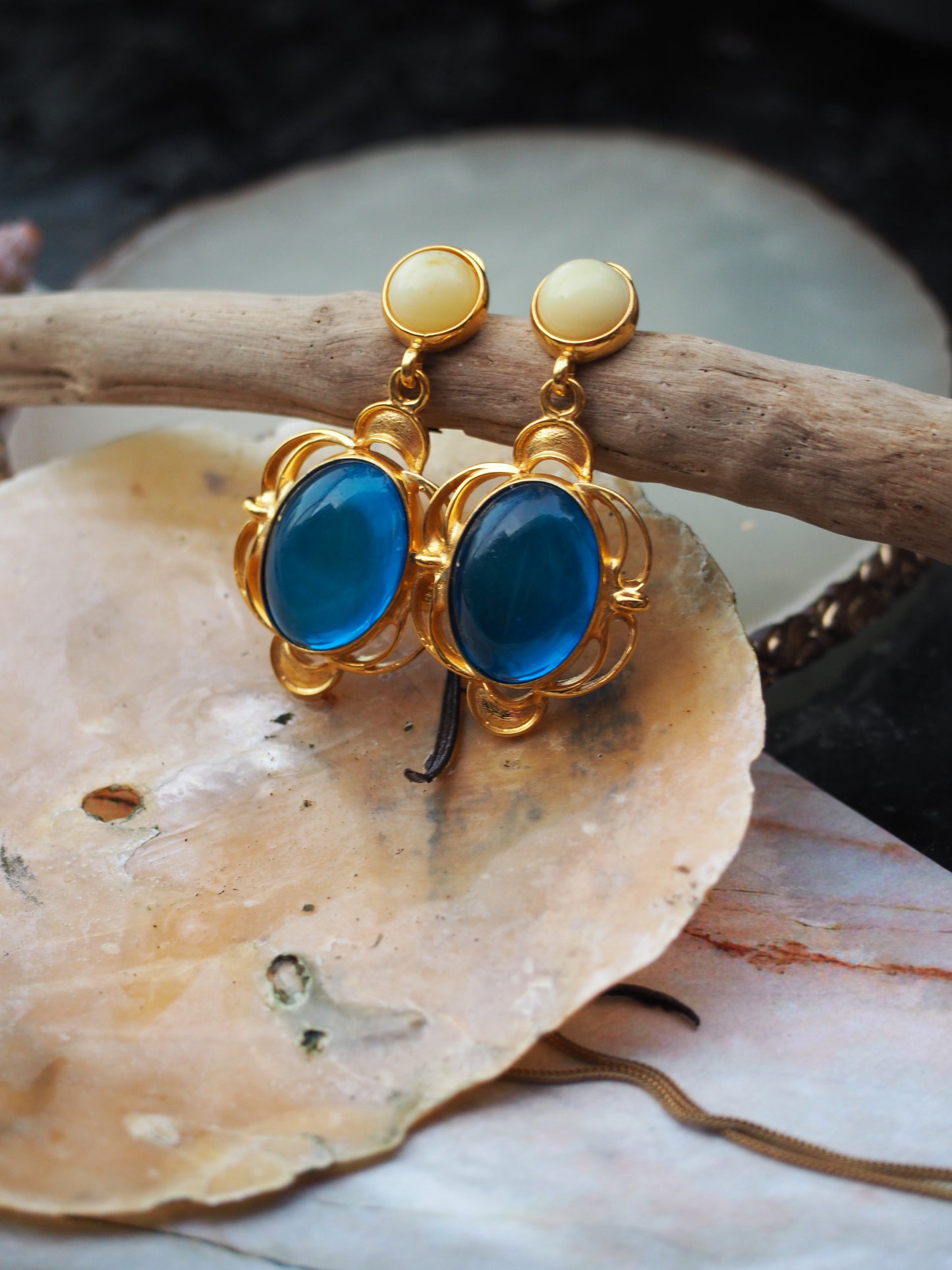 Blue & Milk Amber Earrings in 18k Gold Pleated Silver