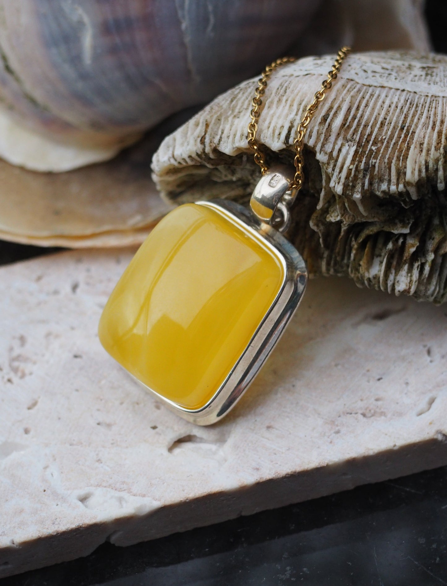 Butterscotch Rectangle Shape Amber Pendant in Silver