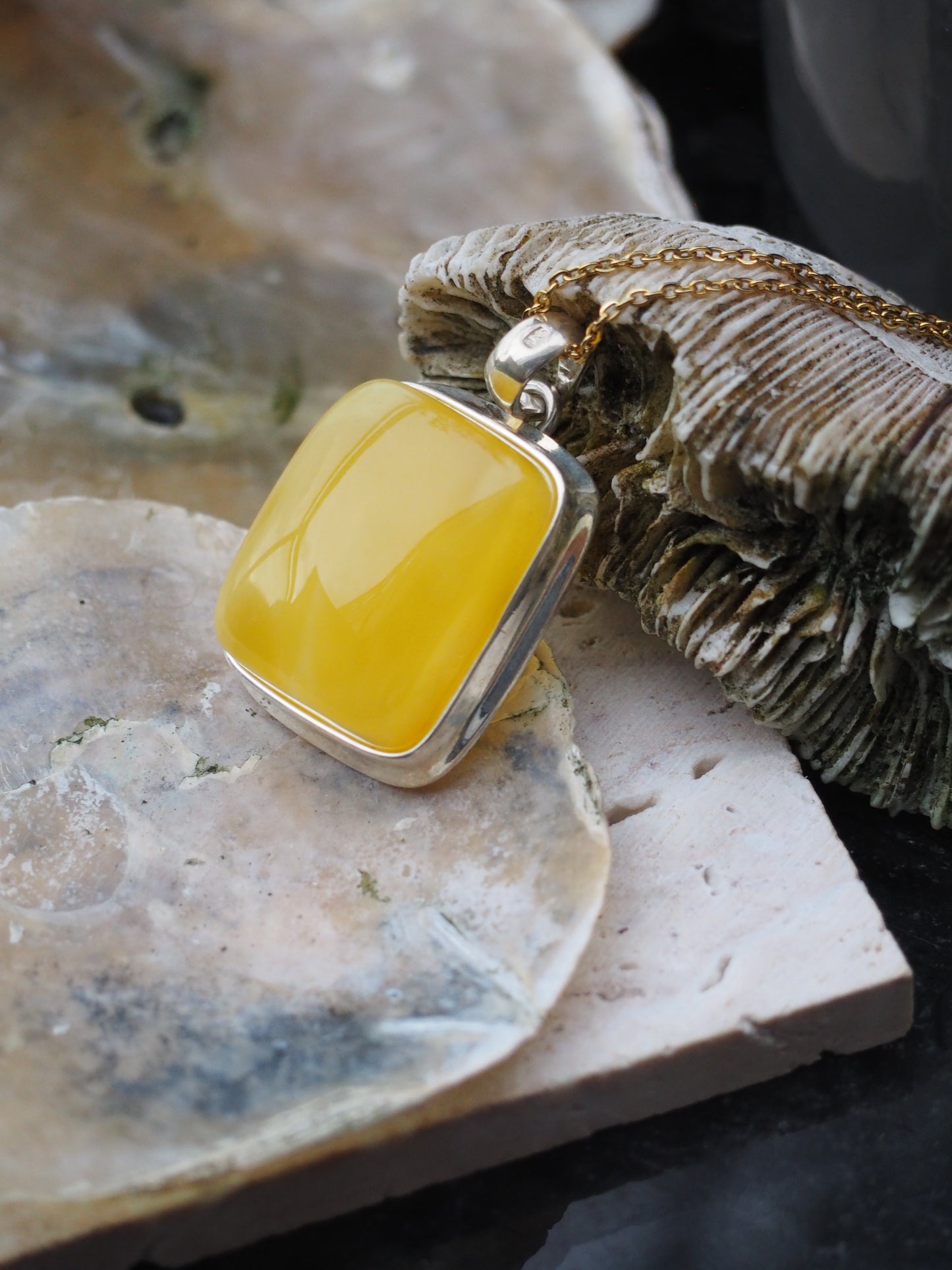 Butterscotch Rectangle Shape Amber Pendant in Silver