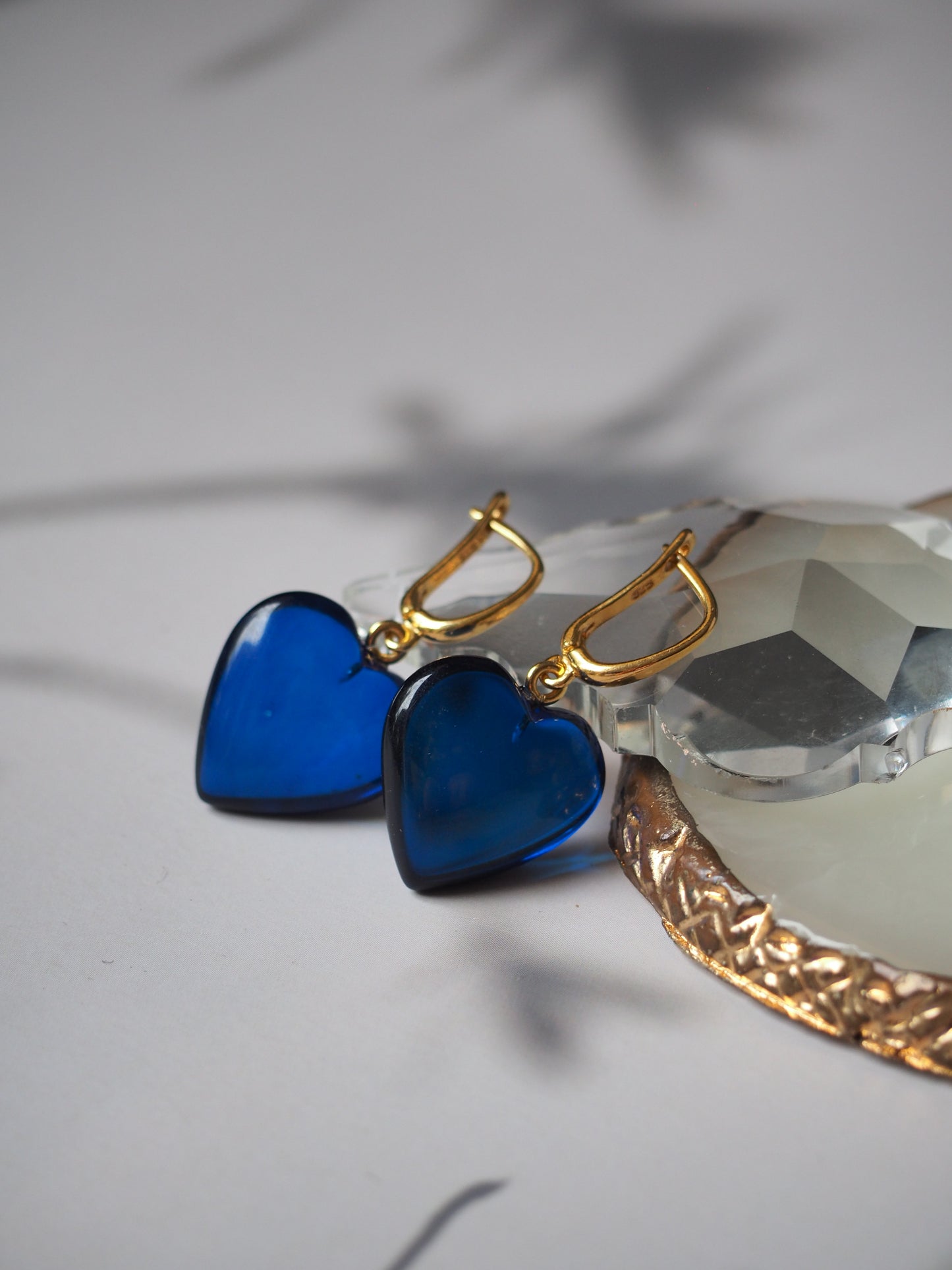 Blue Amber Heart Shape Drop Earrings